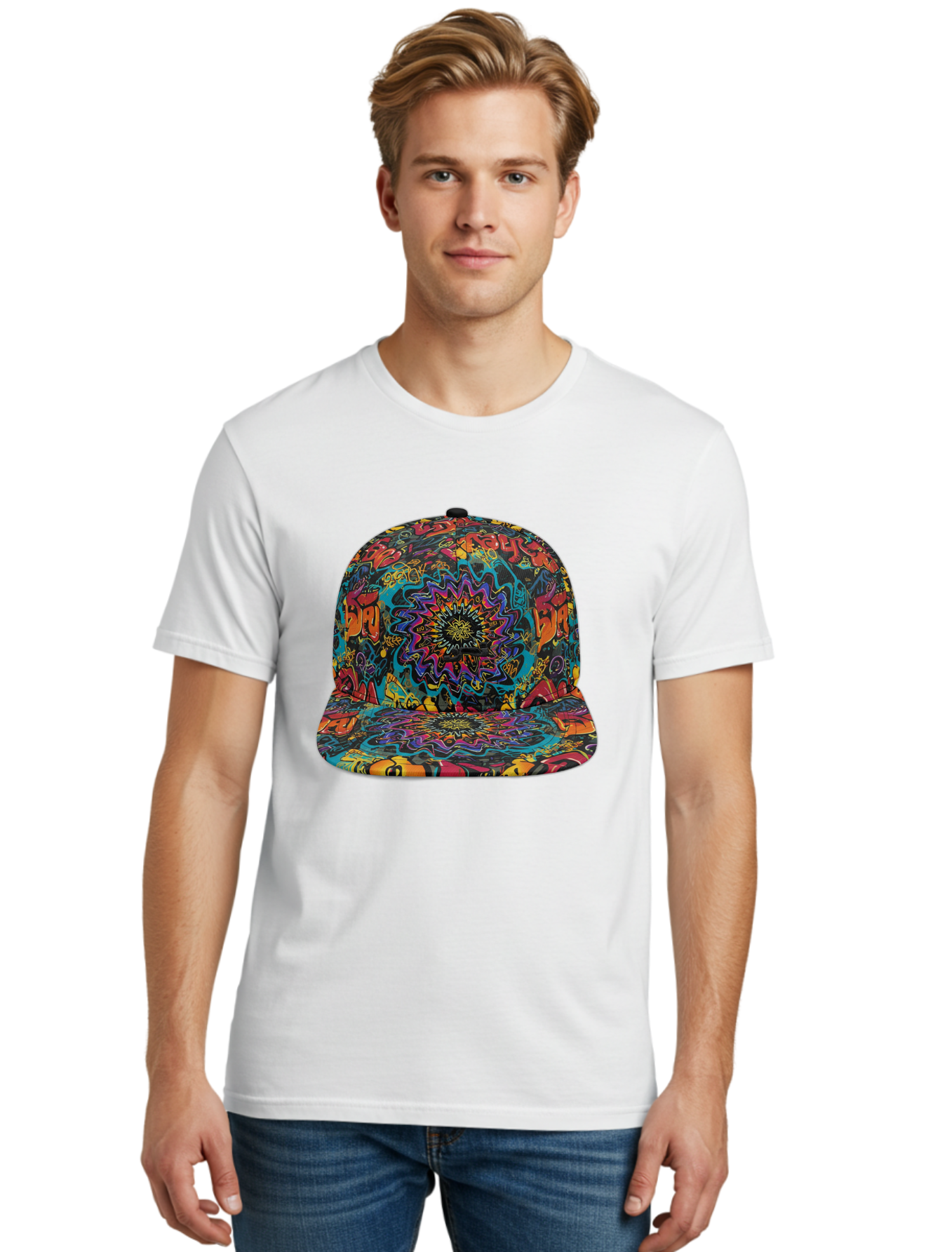 Psychedelic-Snapback Men'S Graphic Tee, 100% Cotton, Comfortable Casual Summer Wear, Machine Washable, Psychedelic Pattern, Colorful Design, Abstract Art, Vibrant Colors, Streetwear Fashion, Hip Hop Style, Casual Wear, Trendy Accessories, Bad456