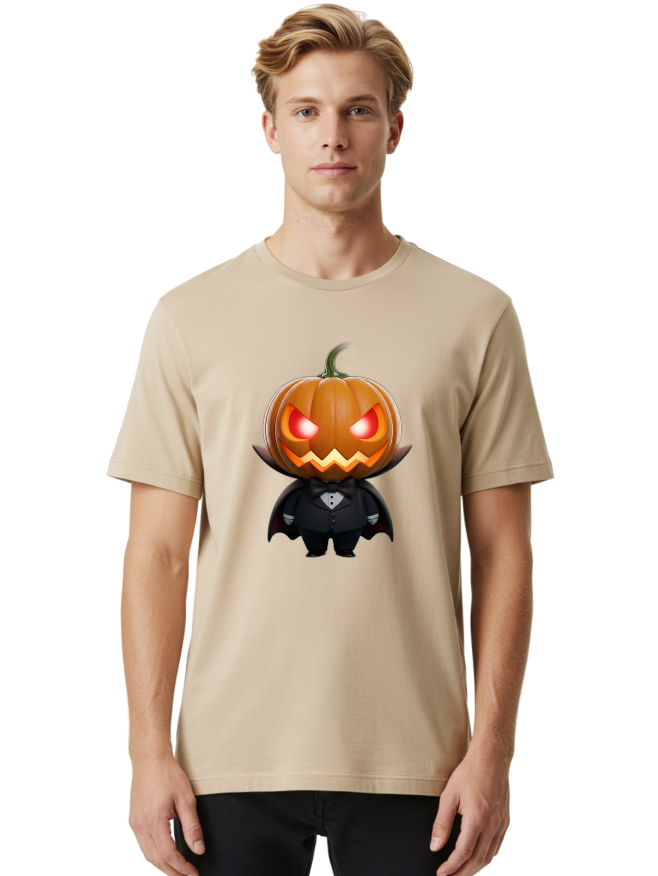 Pumpkinhead-Vampire Men'S Graphic Tee, 100% Cotton, Comfortable Casual Summer Wear, Machine Washable, Jack-O-Lantern, Vampire, Halloween, Pumpkin, Cartoon Character, Tuxedo, Horror Theme, Spooky, Funny, Costume Bad457