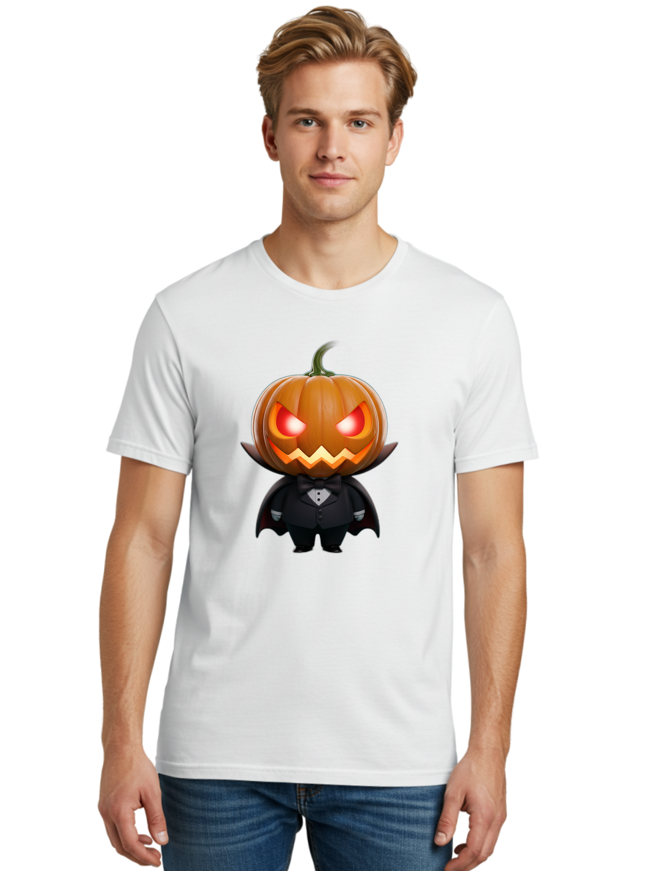 Pumpkinhead-Vampire Men'S Graphic Tee, 100% Cotton, Comfortable Casual Summer Wear, Machine Washable, Jack-O-Lantern, Vampire, Halloween, Pumpkin, Cartoon Character, Tuxedo, Horror Theme, Spooky, Funny, Costume Bad457