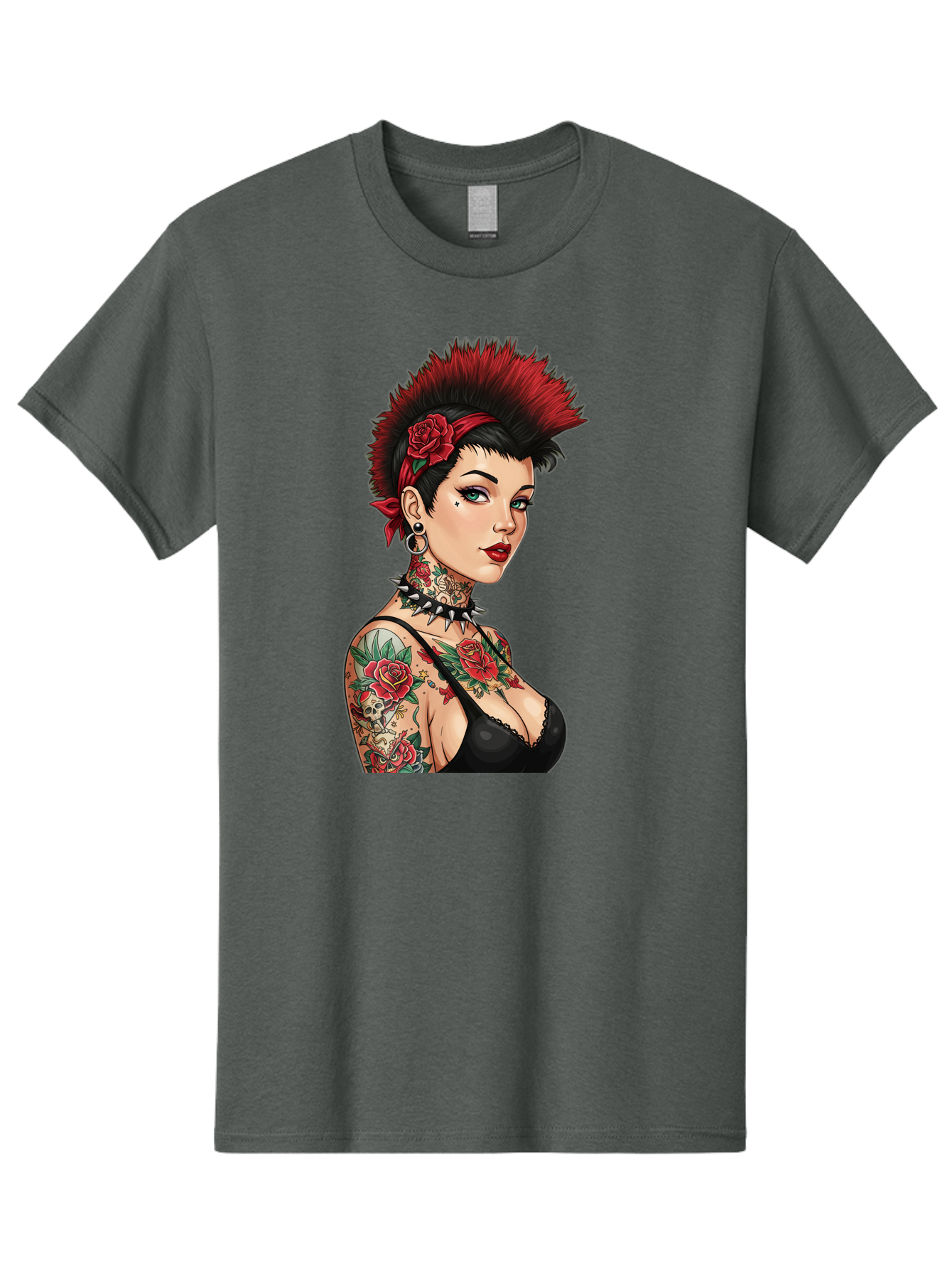 Punk-Rock-Girl Men'S Graphic Tee, 100% Cotton, Comfortable Casual Summer Wear, Machine Washable, Tattooed Woman, Punk Rock Style, Red Roses, Black Clothing, Spiky Hair, Studded Choker, Alternative Fashion, Edgy Beauty, Bold Makeup, Bad458