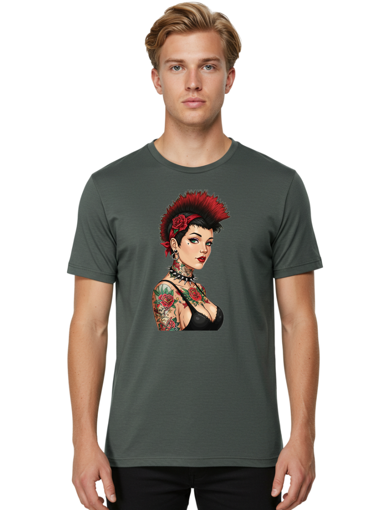 Punk-Rock-Girl Men'S Graphic Tee, 100% Cotton, Comfortable Casual Summer Wear, Machine Washable, Tattooed Woman, Punk Rock Style, Red Roses, Black Clothing, Spiky Hair, Studded Choker, Alternative Fashion, Edgy Beauty, Bold Makeup, Bad458