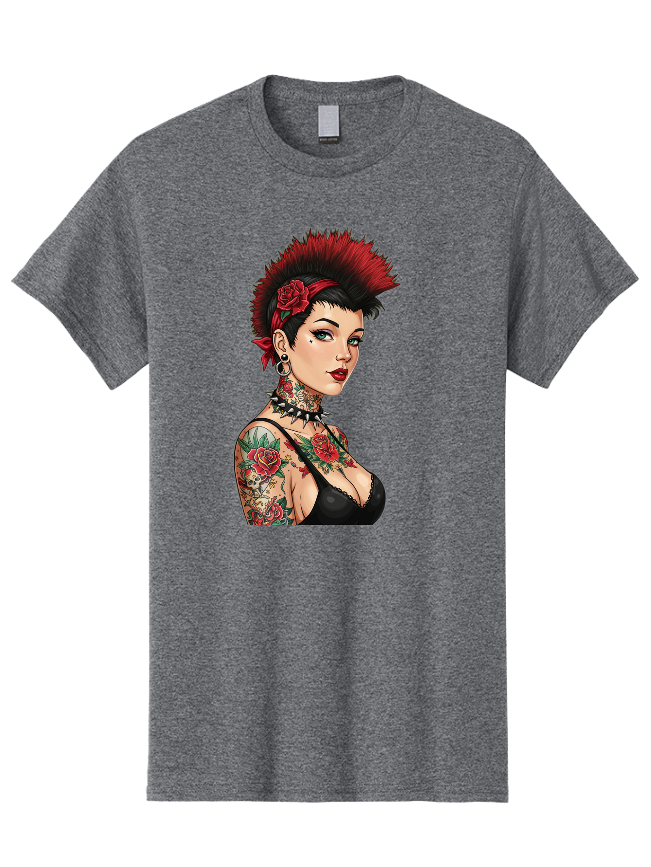 Punk-Rock-Girl Men'S Graphic Tee, 100% Cotton, Comfortable Casual Summer Wear, Machine Washable, Tattooed Woman, Punk Rock Style, Red Roses, Black Clothing, Spiky Hair, Studded Choker, Alternative Fashion, Edgy Beauty, Bold Makeup, Bad458