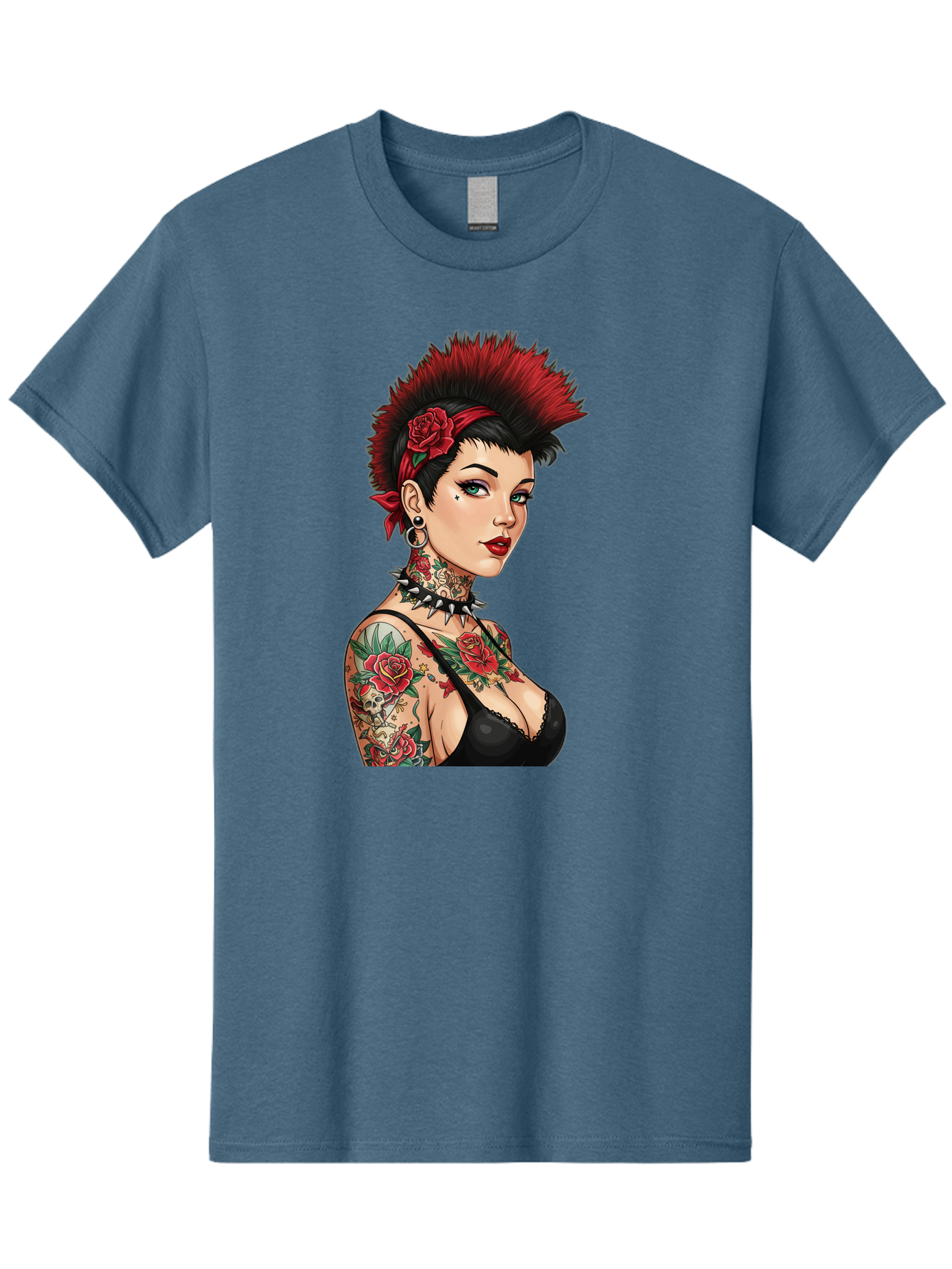 Punk-Rock-Girl Men'S Graphic Tee, 100% Cotton, Comfortable Casual Summer Wear, Machine Washable, Tattooed Woman, Punk Rock Style, Red Roses, Black Clothing, Spiky Hair, Studded Choker, Alternative Fashion, Edgy Beauty, Bold Makeup, Bad458