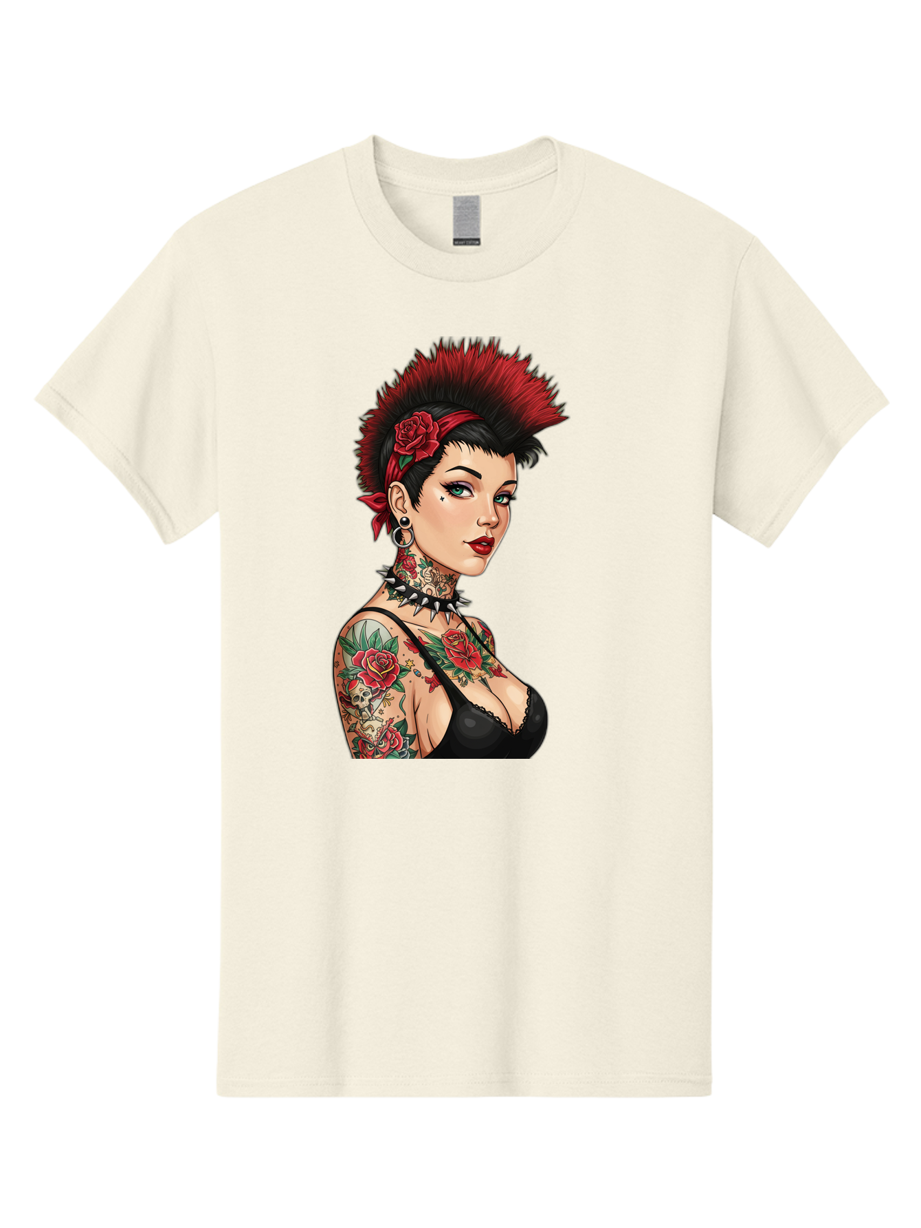 Punk-Rock-Girl Men'S Graphic Tee, 100% Cotton, Comfortable Casual Summer Wear, Machine Washable, Tattooed Woman, Punk Rock Style, Red Roses, Black Clothing, Spiky Hair, Studded Choker, Alternative Fashion, Edgy Beauty, Bold Makeup, Bad458