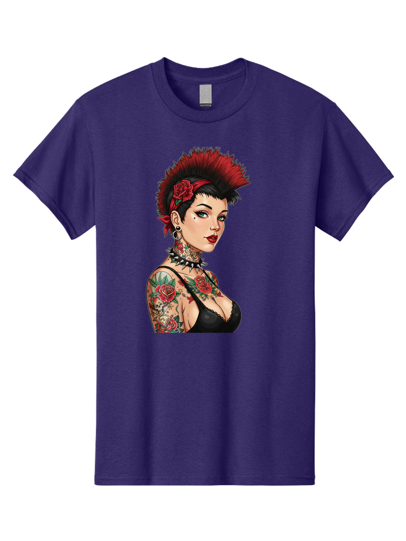 Punk-Rock-Girl Men'S Graphic Tee, 100% Cotton, Comfortable Casual Summer Wear, Machine Washable, Tattooed Woman, Punk Rock Style, Red Roses, Black Clothing, Spiky Hair, Studded Choker, Alternative Fashion, Edgy Beauty, Bold Makeup, Bad458