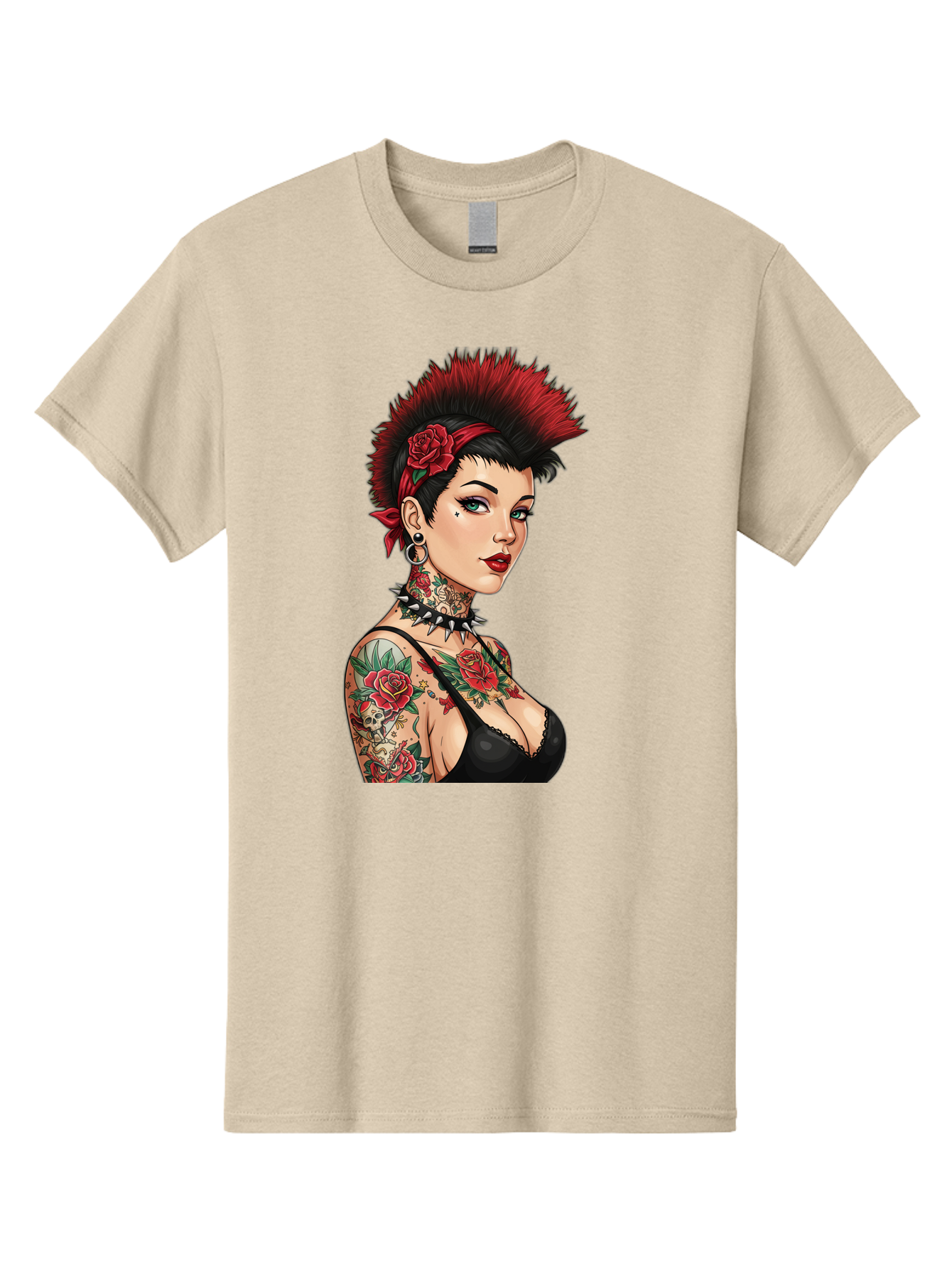 Punk-Rock-Girl Men'S Graphic Tee, 100% Cotton, Comfortable Casual Summer Wear, Machine Washable, Tattooed Woman, Punk Rock Style, Red Roses, Black Clothing, Spiky Hair, Studded Choker, Alternative Fashion, Edgy Beauty, Bold Makeup, Bad458