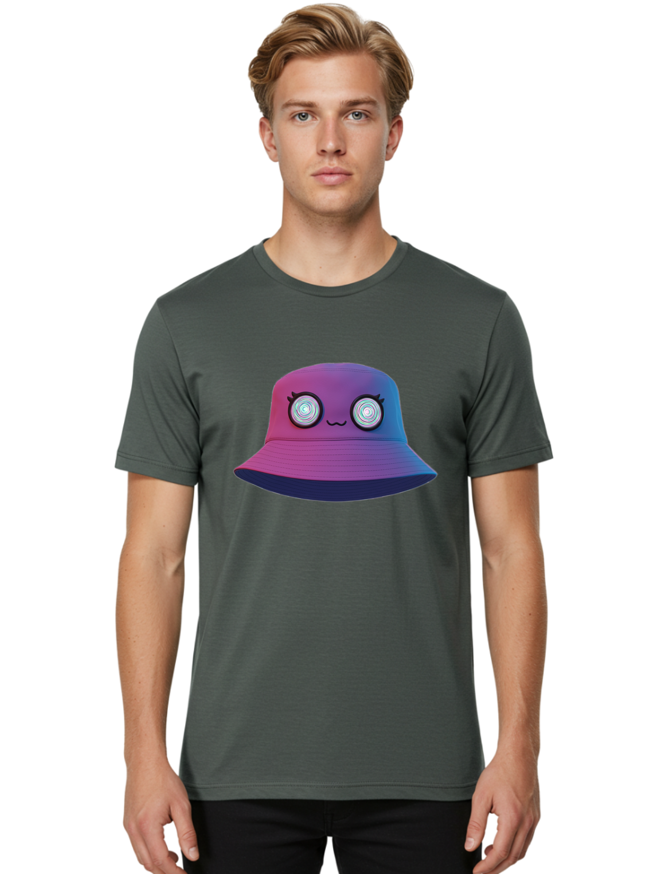Purple-Bucket-Hat-1 Men'S Graphic Tee, 100% Cotton, Comfortable Casual Summer Wear, Machine Washable, Purple And Blue Bucket Hat, Spiral Eyes, Eyelashes, Smiling Face, Cartoon Character, Digital Illustration, Trendy Fashion, Bad459