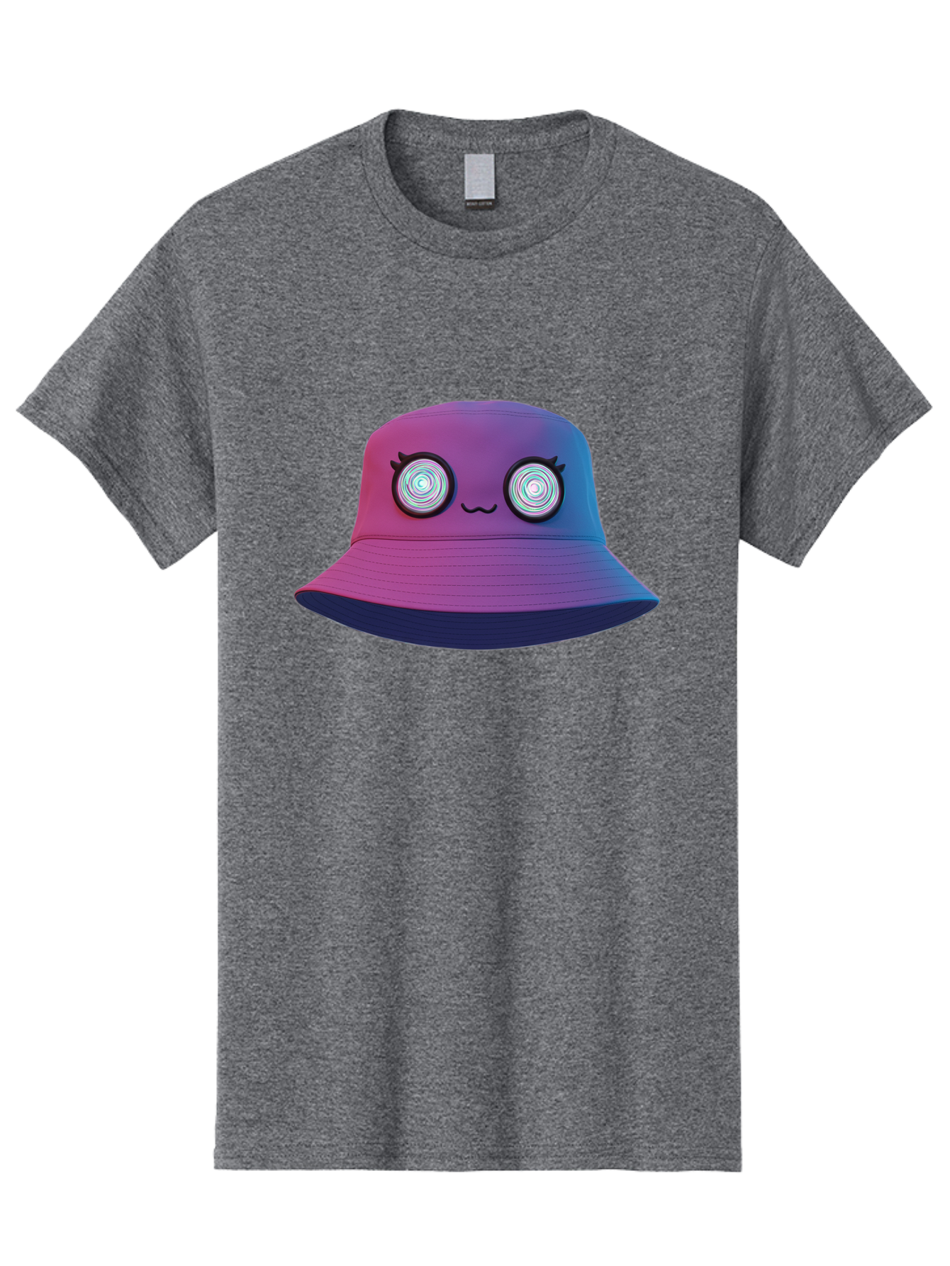 Purple-Bucket-Hat-1 Men'S Graphic Tee, 100% Cotton, Comfortable Casual Summer Wear, Machine Washable, Purple And Blue Bucket Hat, Spiral Eyes, Eyelashes, Smiling Face, Cartoon Character, Digital Illustration, Trendy Fashion, Bad459
