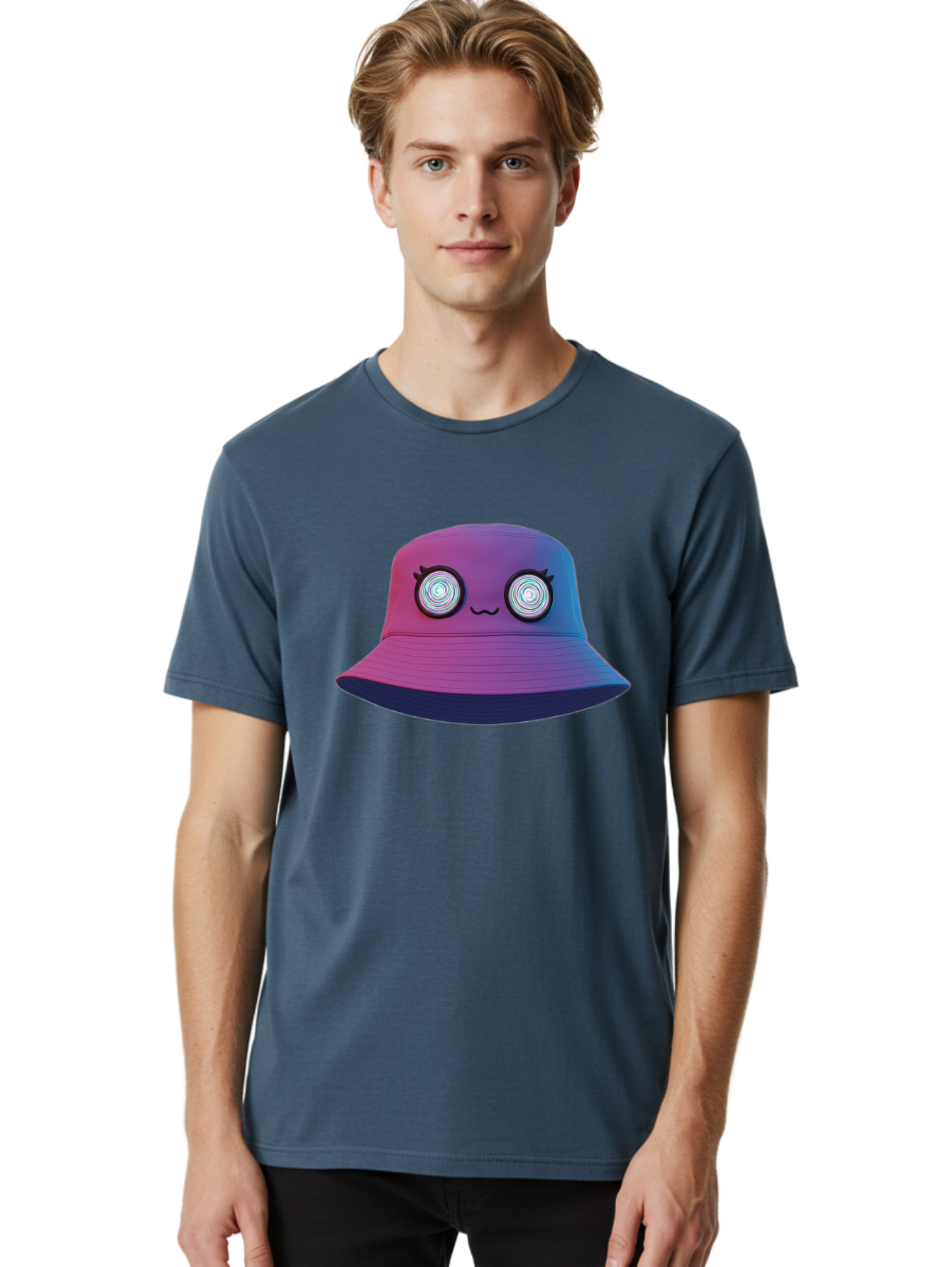 Purple-Bucket-Hat-1 Men'S Graphic Tee, 100% Cotton, Comfortable Casual Summer Wear, Machine Washable, Purple And Blue Bucket Hat, Spiral Eyes, Eyelashes, Smiling Face, Cartoon Character, Digital Illustration, Trendy Fashion, Bad459