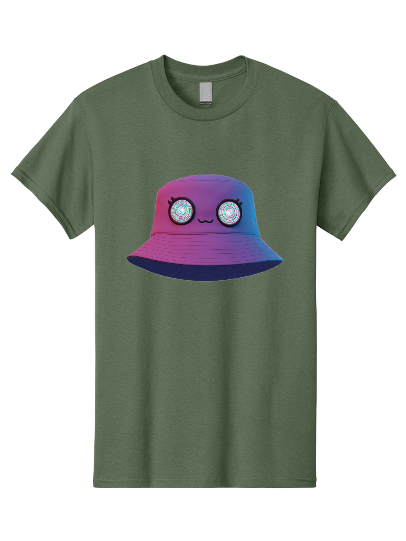 Purple-Bucket-Hat-1 Men'S Graphic Tee, 100% Cotton, Comfortable Casual Summer Wear, Machine Washable, Purple And Blue Bucket Hat, Spiral Eyes, Eyelashes, Smiling Face, Cartoon Character, Digital Illustration, Trendy Fashion, Bad459