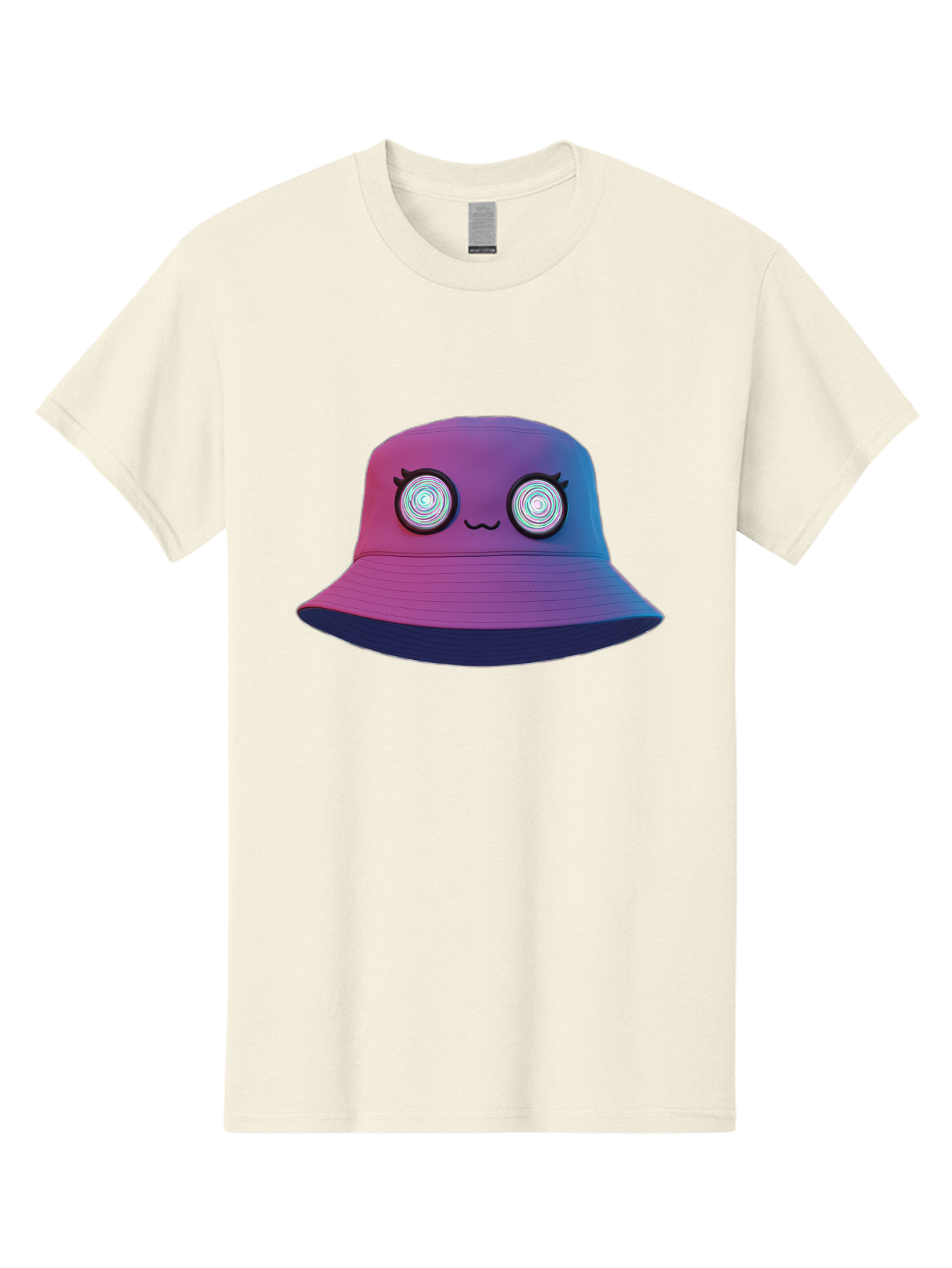 Purple-Bucket-Hat-1 Men'S Graphic Tee, 100% Cotton, Comfortable Casual Summer Wear, Machine Washable, Purple And Blue Bucket Hat, Spiral Eyes, Eyelashes, Smiling Face, Cartoon Character, Digital Illustration, Trendy Fashion, Bad459