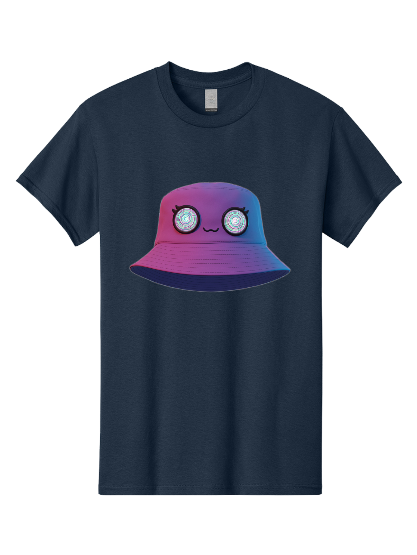 Purple-Bucket-Hat-1 Men'S Graphic Tee, 100% Cotton, Comfortable Casual Summer Wear, Machine Washable, Purple And Blue Bucket Hat, Spiral Eyes, Eyelashes, Smiling Face, Cartoon Character, Digital Illustration, Trendy Fashion, Bad459