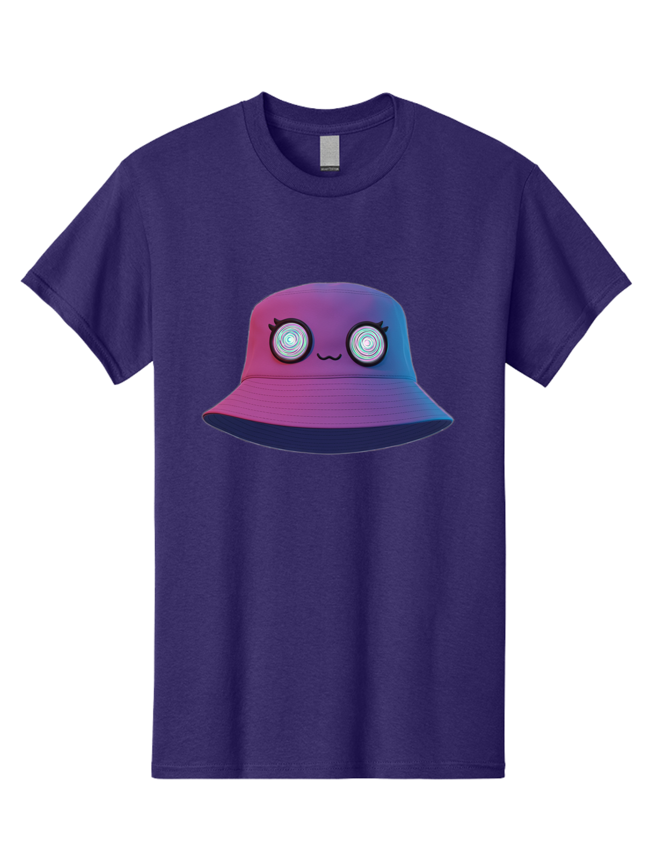 Purple-Bucket-Hat-1 Men'S Graphic Tee, 100% Cotton, Comfortable Casual Summer Wear, Machine Washable, Purple And Blue Bucket Hat, Spiral Eyes, Eyelashes, Smiling Face, Cartoon Character, Digital Illustration, Trendy Fashion, Bad459