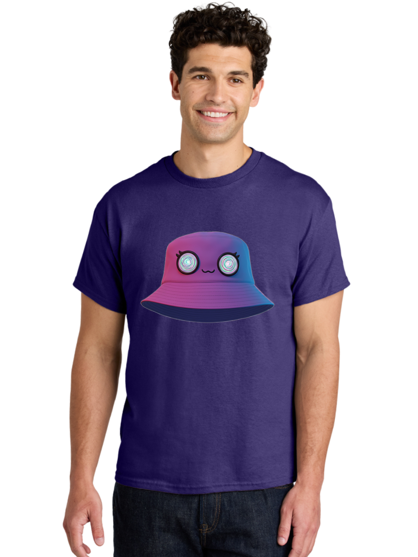 Purple-Bucket-Hat-1 Men'S Graphic Tee, 100% Cotton, Comfortable Casual Summer Wear, Machine Washable, Purple And Blue Bucket Hat, Spiral Eyes, Eyelashes, Smiling Face, Cartoon Character, Digital Illustration, Trendy Fashion, Bad459