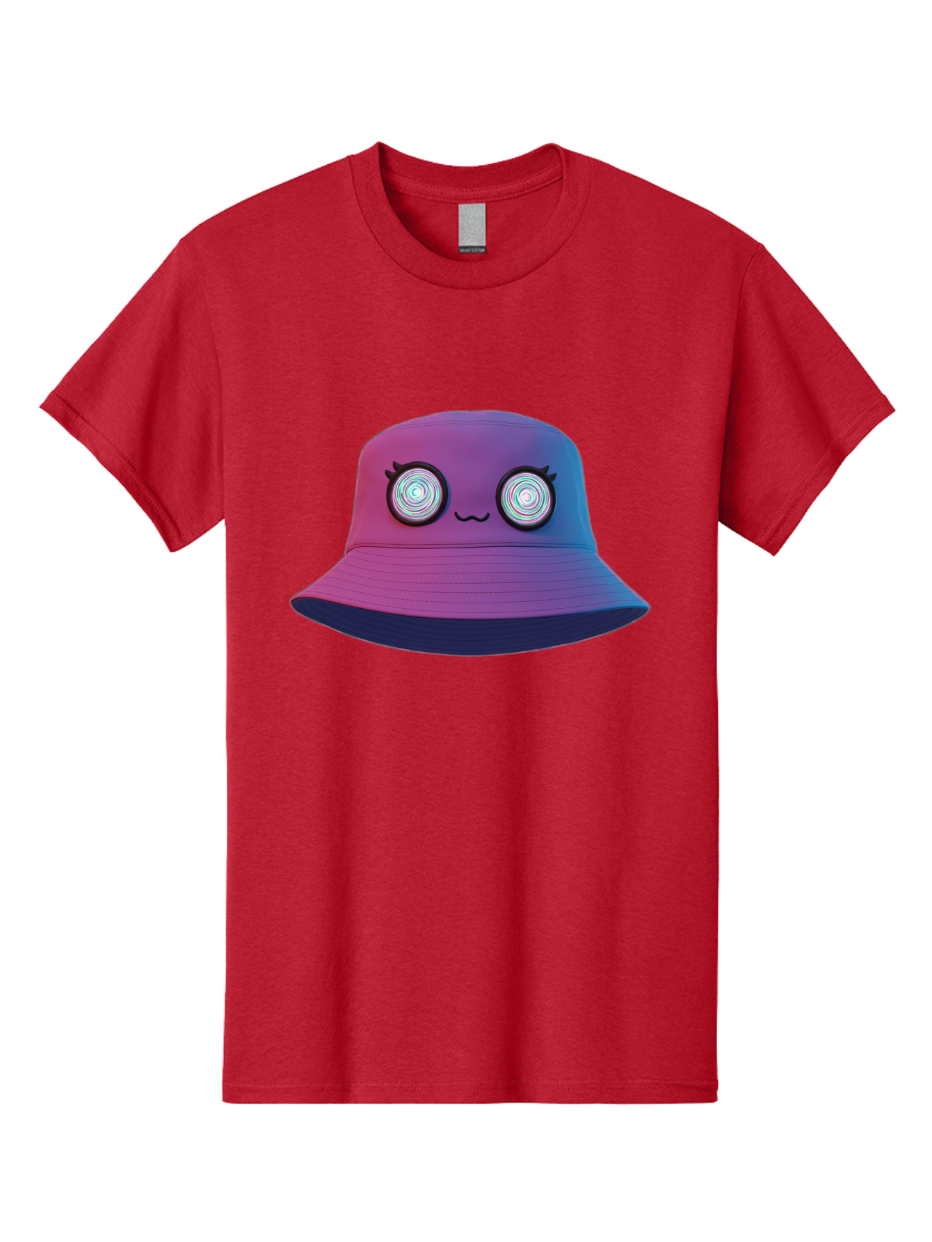 Purple-Bucket-Hat-1 Men'S Graphic Tee, 100% Cotton, Comfortable Casual Summer Wear, Machine Washable, Purple And Blue Bucket Hat, Spiral Eyes, Eyelashes, Smiling Face, Cartoon Character, Digital Illustration, Trendy Fashion, Bad459