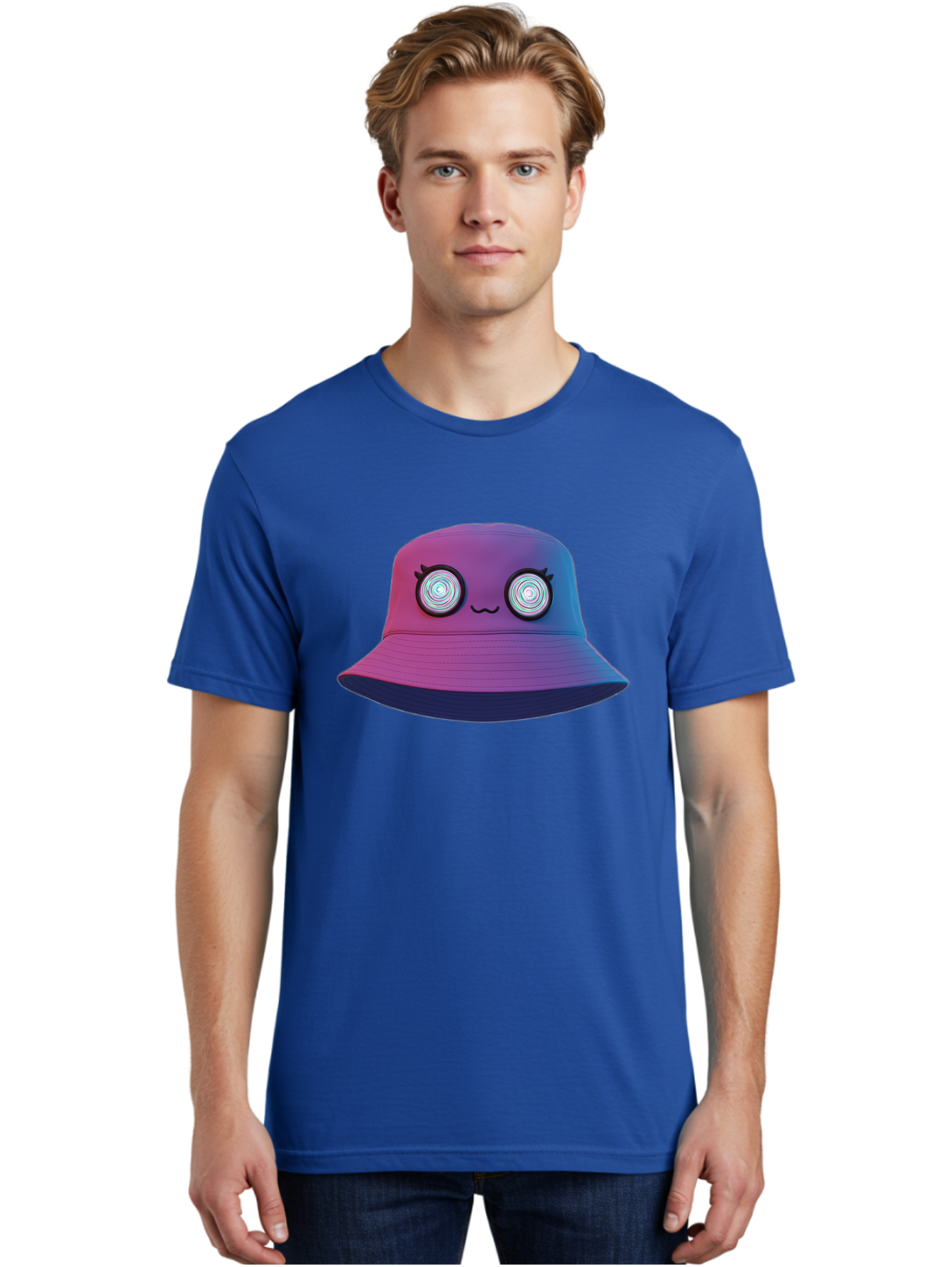 Purple-Bucket-Hat-1 Men'S Graphic Tee, 100% Cotton, Comfortable Casual Summer Wear, Machine Washable, Purple And Blue Bucket Hat, Spiral Eyes, Eyelashes, Smiling Face, Cartoon Character, Digital Illustration, Trendy Fashion, Bad459