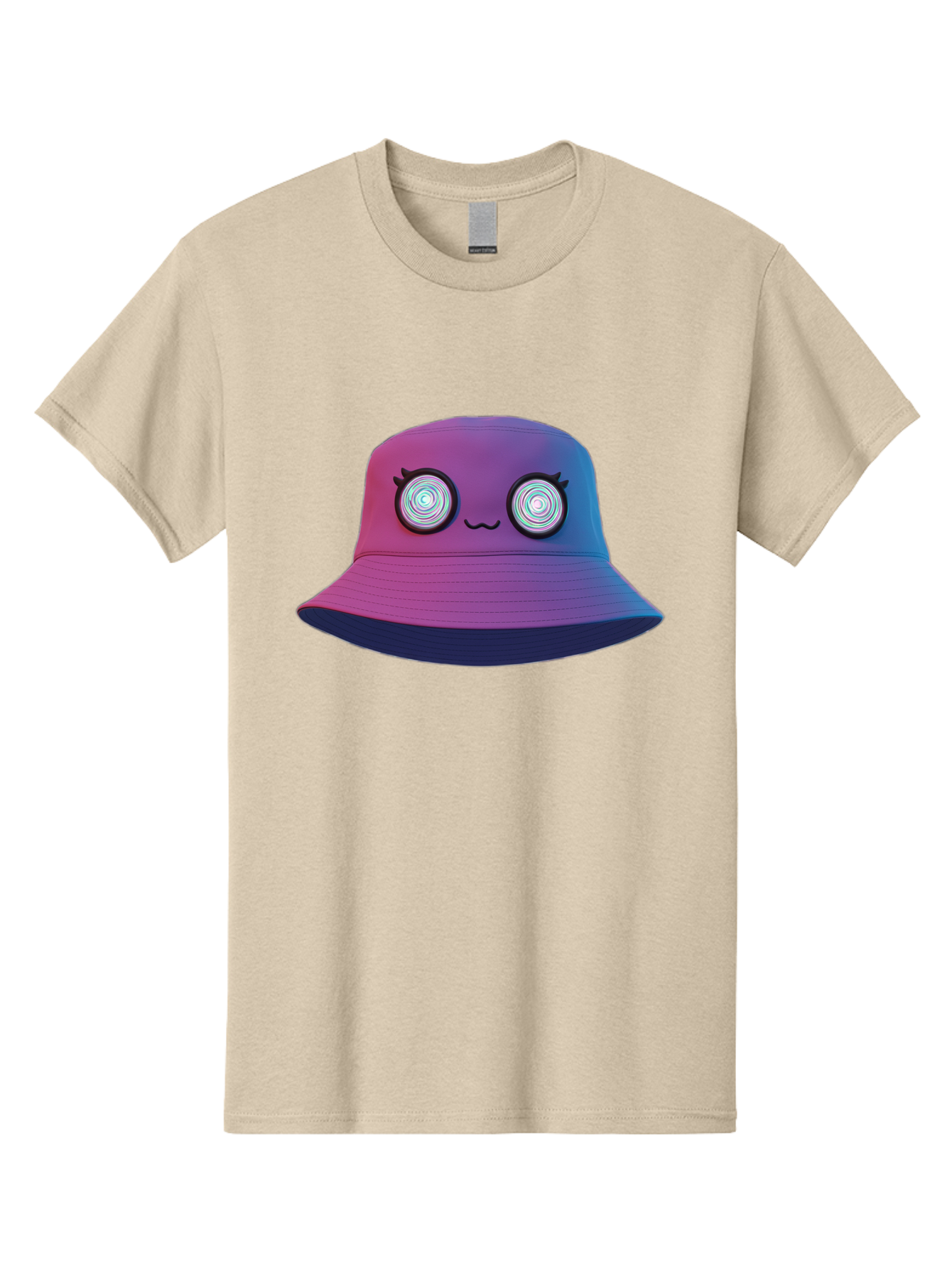 Purple-Bucket-Hat-1 Men'S Graphic Tee, 100% Cotton, Comfortable Casual Summer Wear, Machine Washable, Purple And Blue Bucket Hat, Spiral Eyes, Eyelashes, Smiling Face, Cartoon Character, Digital Illustration, Trendy Fashion, Bad459