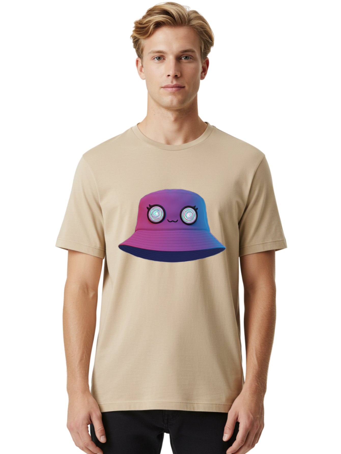 Purple-Bucket-Hat-1 Men'S Graphic Tee, 100% Cotton, Comfortable Casual Summer Wear, Machine Washable, Purple And Blue Bucket Hat, Spiral Eyes, Eyelashes, Smiling Face, Cartoon Character, Digital Illustration, Trendy Fashion, Bad459