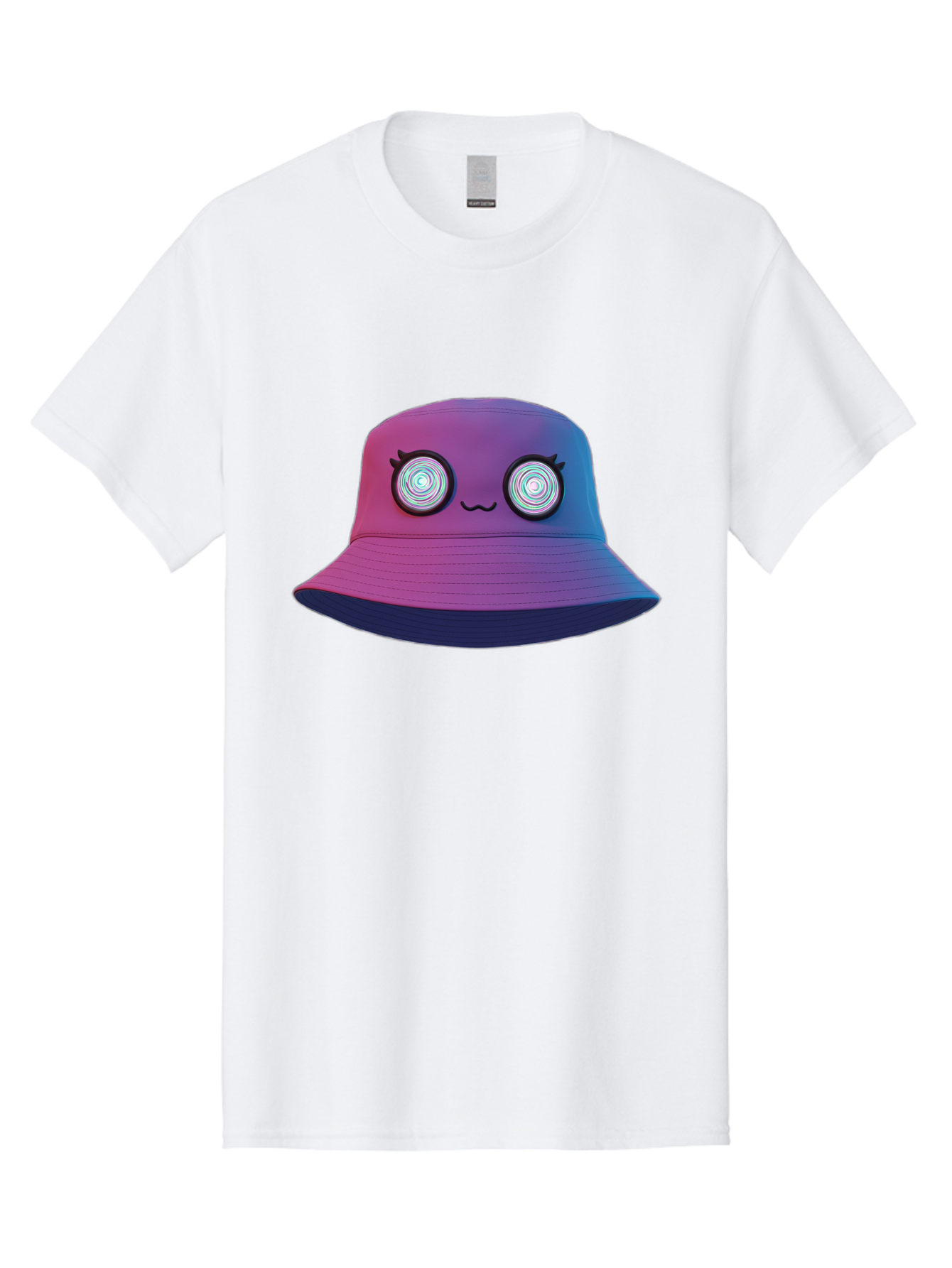 Purple-Bucket-Hat-1 Men'S Graphic Tee, 100% Cotton, Comfortable Casual Summer Wear, Machine Washable, Purple And Blue Bucket Hat, Spiral Eyes, Eyelashes, Smiling Face, Cartoon Character, Digital Illustration, Trendy Fashion, Bad459