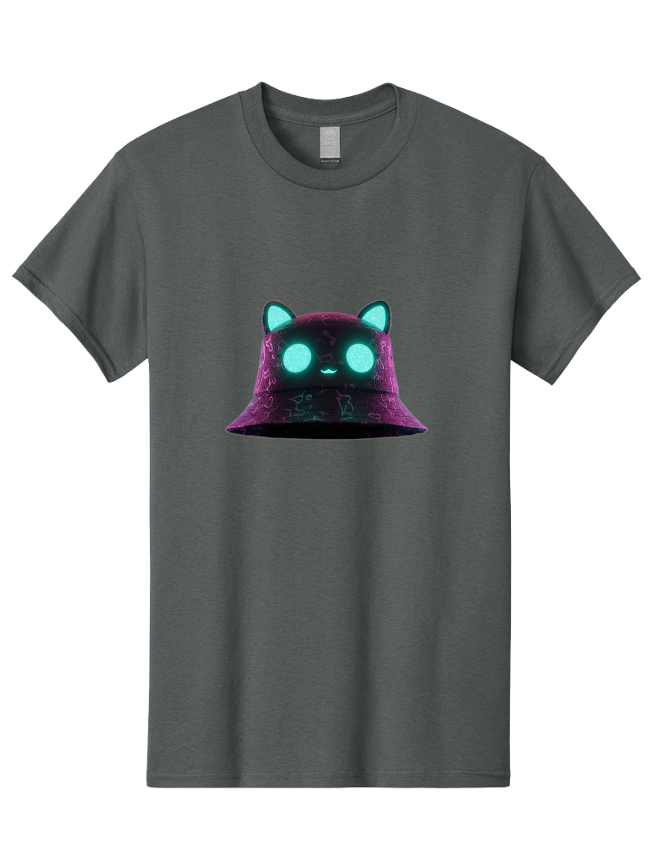 Purple-Bucket-Hat-2 Men'S Graphic Tee, 100% Cotton, Comfortable Casual Summer Wear, Machine Washable, Purple Bucket Hat, Cat Ears, Glowing Eyes, Cute Face, Cartoon Style, Fashion Accessory, Streetwear, Trendy Hat Bad460