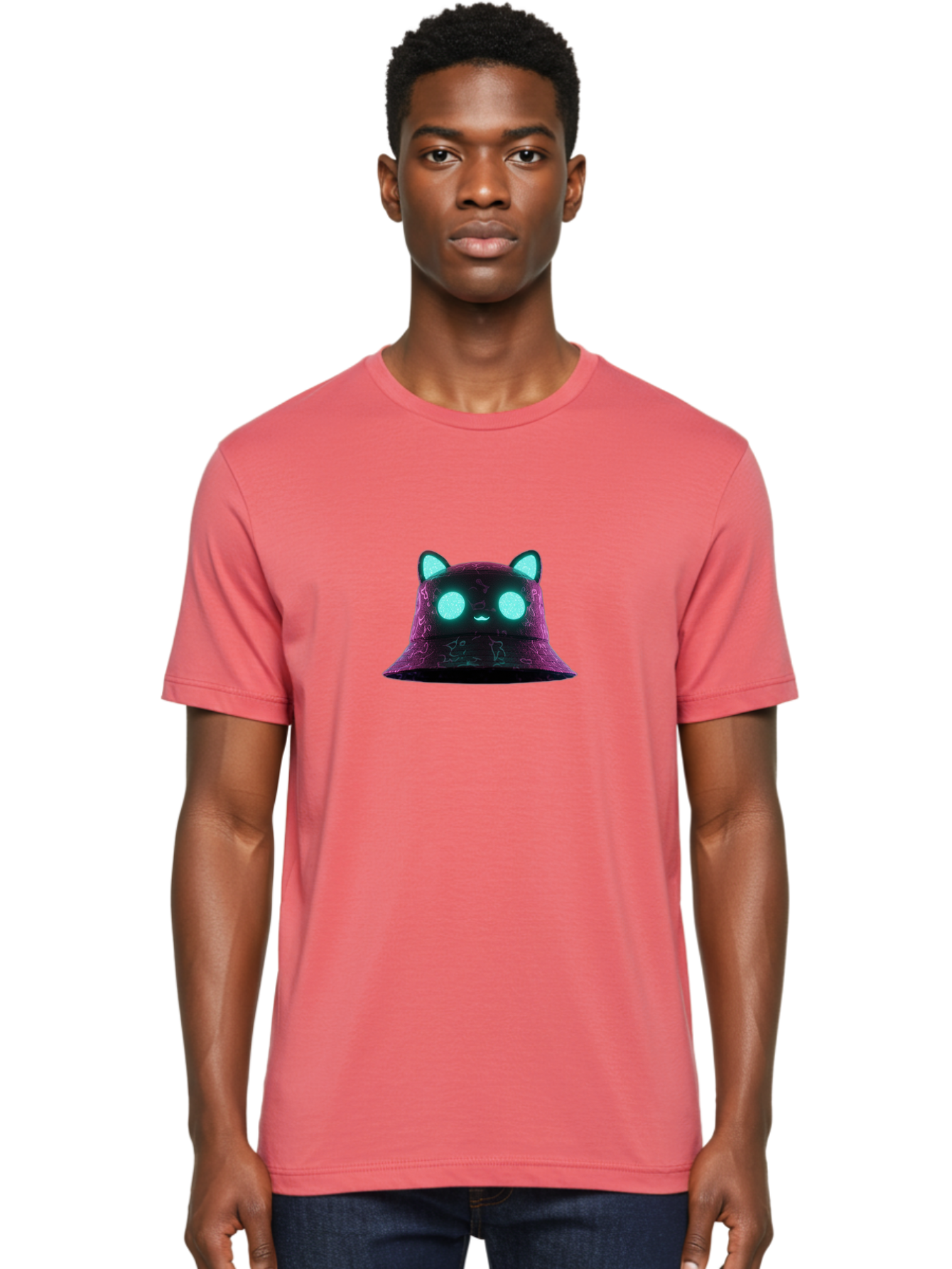 Purple-Bucket-Hat-2 Men'S Graphic Tee, 100% Cotton, Comfortable Casual Summer Wear, Machine Washable, Purple Bucket Hat, Cat Ears, Glowing Eyes, Cute Face, Cartoon Style, Fashion Accessory, Streetwear, Trendy Hat Bad460