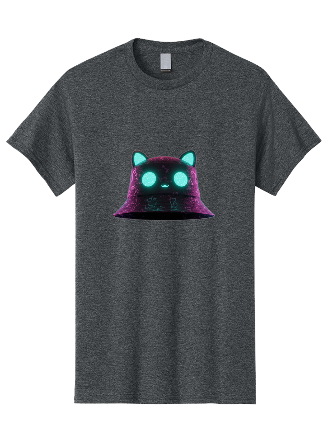 Purple-Bucket-Hat-2 Men'S Graphic Tee, 100% Cotton, Comfortable Casual Summer Wear, Machine Washable, Purple Bucket Hat, Cat Ears, Glowing Eyes, Cute Face, Cartoon Style, Fashion Accessory, Streetwear, Trendy Hat Bad460