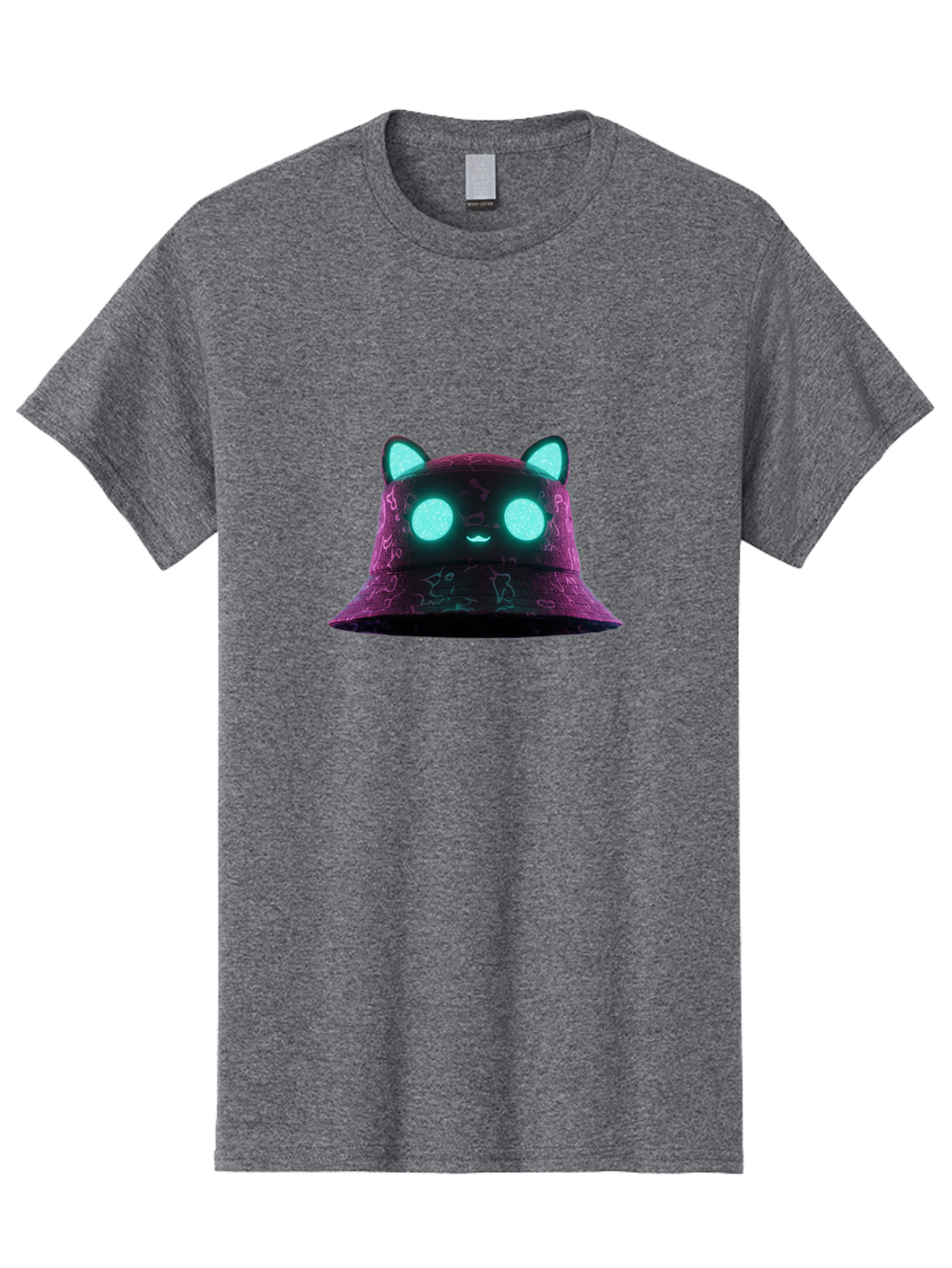 Purple-Bucket-Hat-2 Men'S Graphic Tee, 100% Cotton, Comfortable Casual Summer Wear, Machine Washable, Purple Bucket Hat, Cat Ears, Glowing Eyes, Cute Face, Cartoon Style, Fashion Accessory, Streetwear, Trendy Hat Bad460