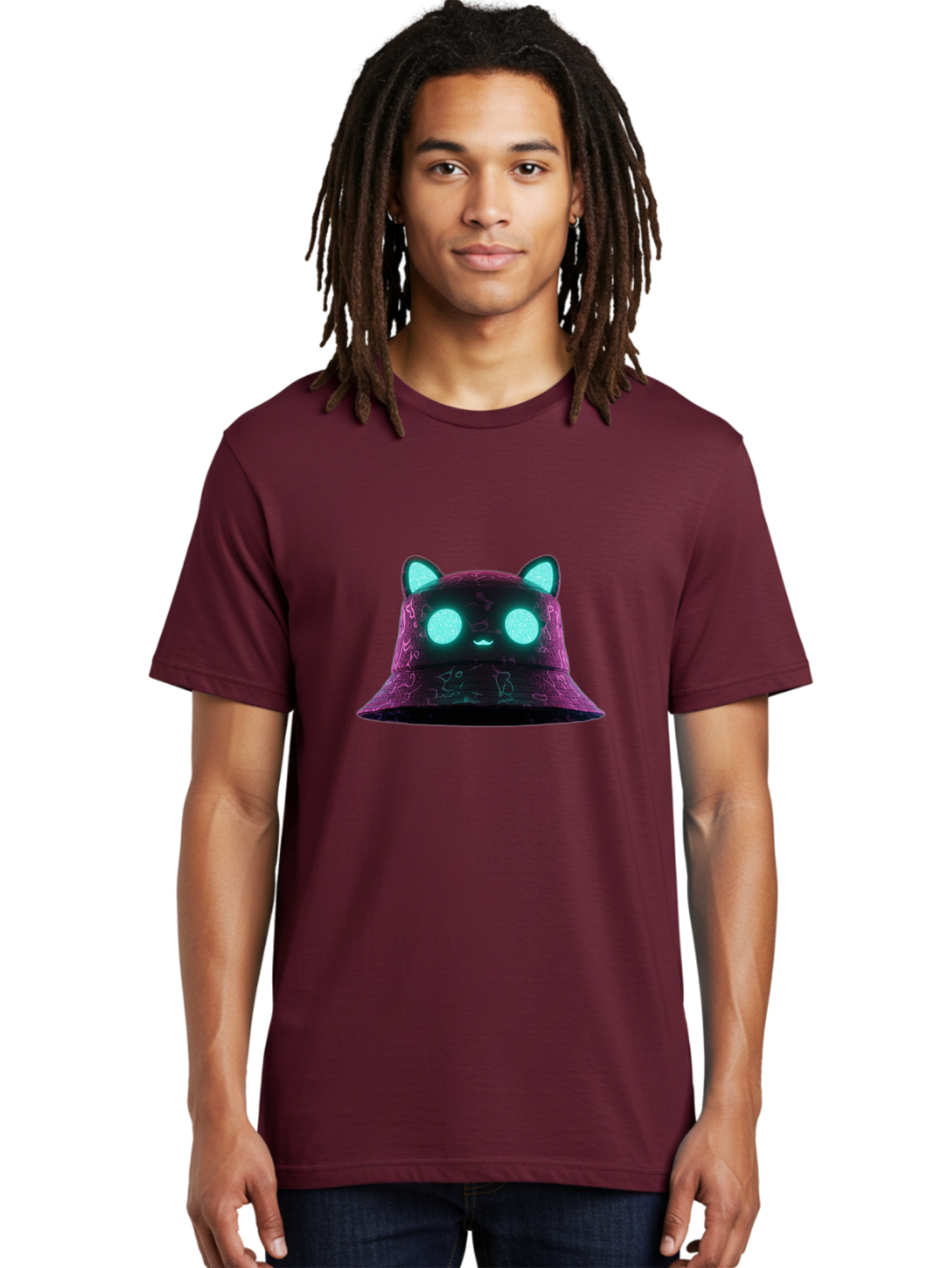 Purple-Bucket-Hat-2 Men'S Graphic Tee, 100% Cotton, Comfortable Casual Summer Wear, Machine Washable, Purple Bucket Hat, Cat Ears, Glowing Eyes, Cute Face, Cartoon Style, Fashion Accessory, Streetwear, Trendy Hat Bad460