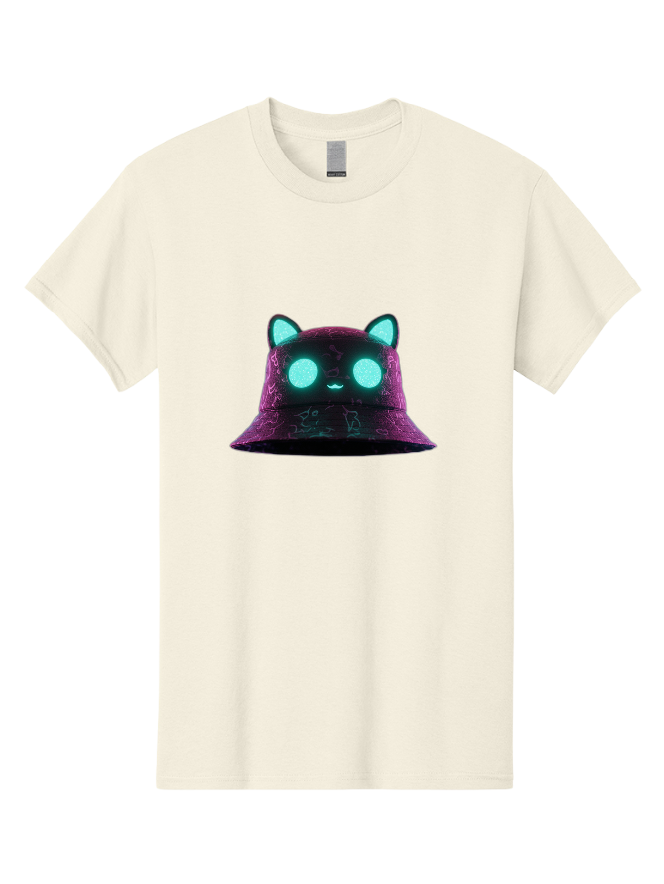 Purple-Bucket-Hat-2 Men'S Graphic Tee, 100% Cotton, Comfortable Casual Summer Wear, Machine Washable, Purple Bucket Hat, Cat Ears, Glowing Eyes, Cute Face, Cartoon Style, Fashion Accessory, Streetwear, Trendy Hat Bad460