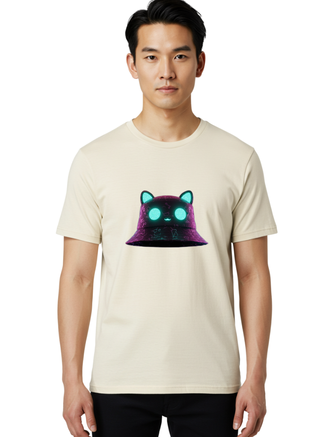 Purple-Bucket-Hat-2 Men'S Graphic Tee, 100% Cotton, Comfortable Casual Summer Wear, Machine Washable, Purple Bucket Hat, Cat Ears, Glowing Eyes, Cute Face, Cartoon Style, Fashion Accessory, Streetwear, Trendy Hat Bad460