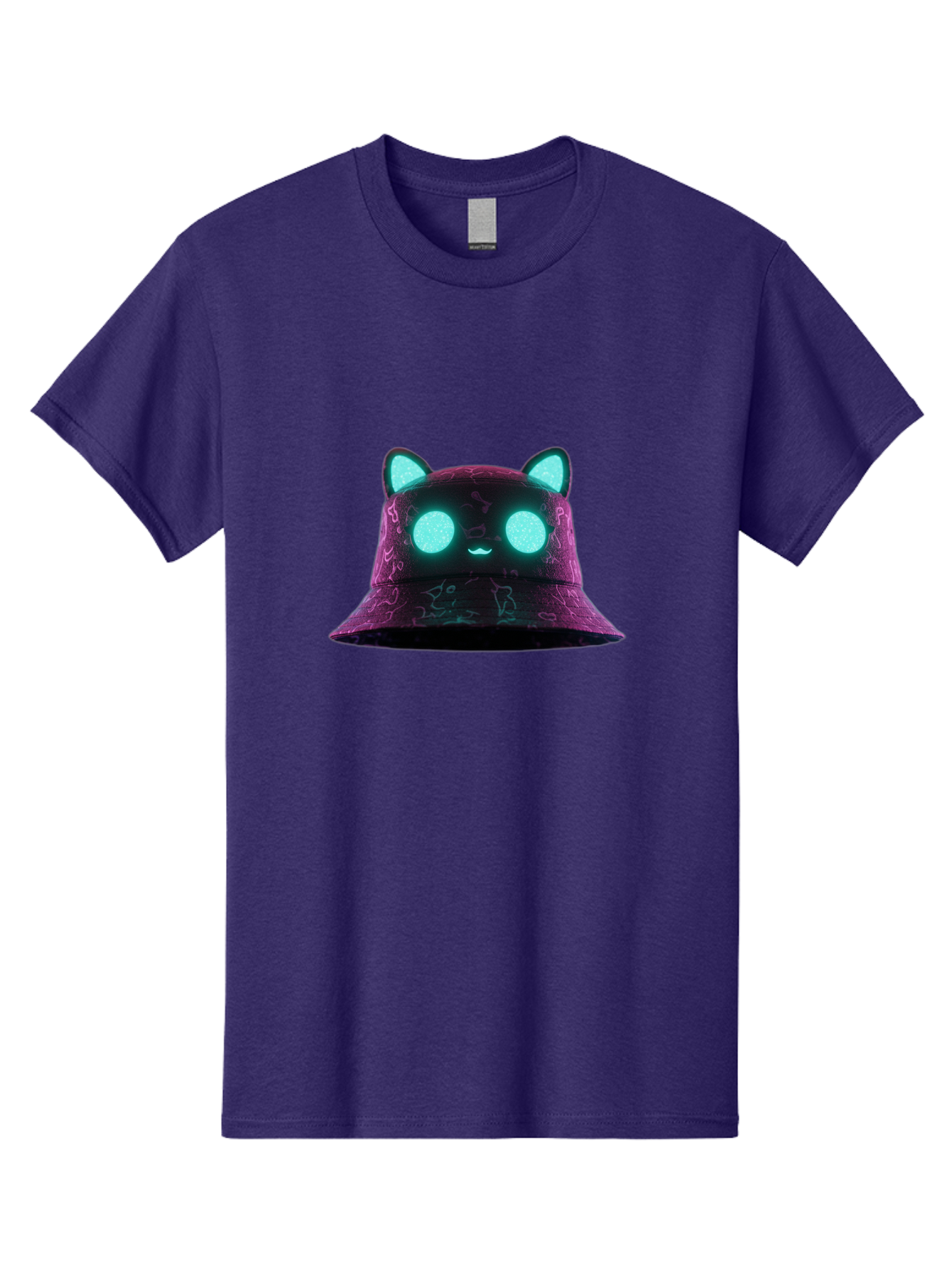 Purple-Bucket-Hat-2 Men'S Graphic Tee, 100% Cotton, Comfortable Casual Summer Wear, Machine Washable, Purple Bucket Hat, Cat Ears, Glowing Eyes, Cute Face, Cartoon Style, Fashion Accessory, Streetwear, Trendy Hat Bad460