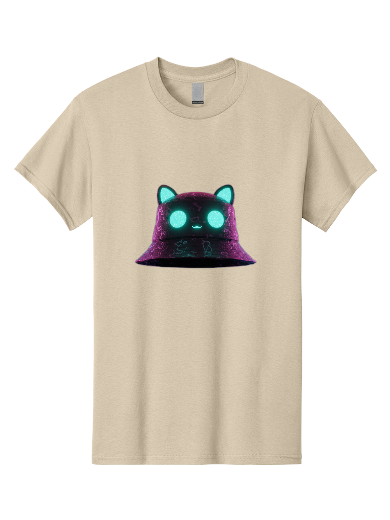 Purple-Bucket-Hat-2 Men'S Graphic Tee, 100% Cotton, Comfortable Casual Summer Wear, Machine Washable, Purple Bucket Hat, Cat Ears, Glowing Eyes, Cute Face, Cartoon Style, Fashion Accessory, Streetwear, Trendy Hat Bad460
