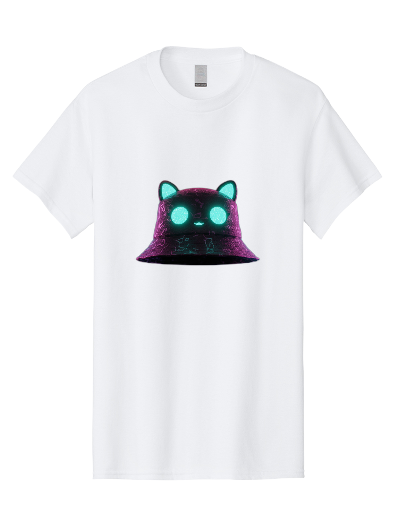 Purple-Bucket-Hat-2 Men'S Graphic Tee, 100% Cotton, Comfortable Casual Summer Wear, Machine Washable, Purple Bucket Hat, Cat Ears, Glowing Eyes, Cute Face, Cartoon Style, Fashion Accessory, Streetwear, Trendy Hat Bad460