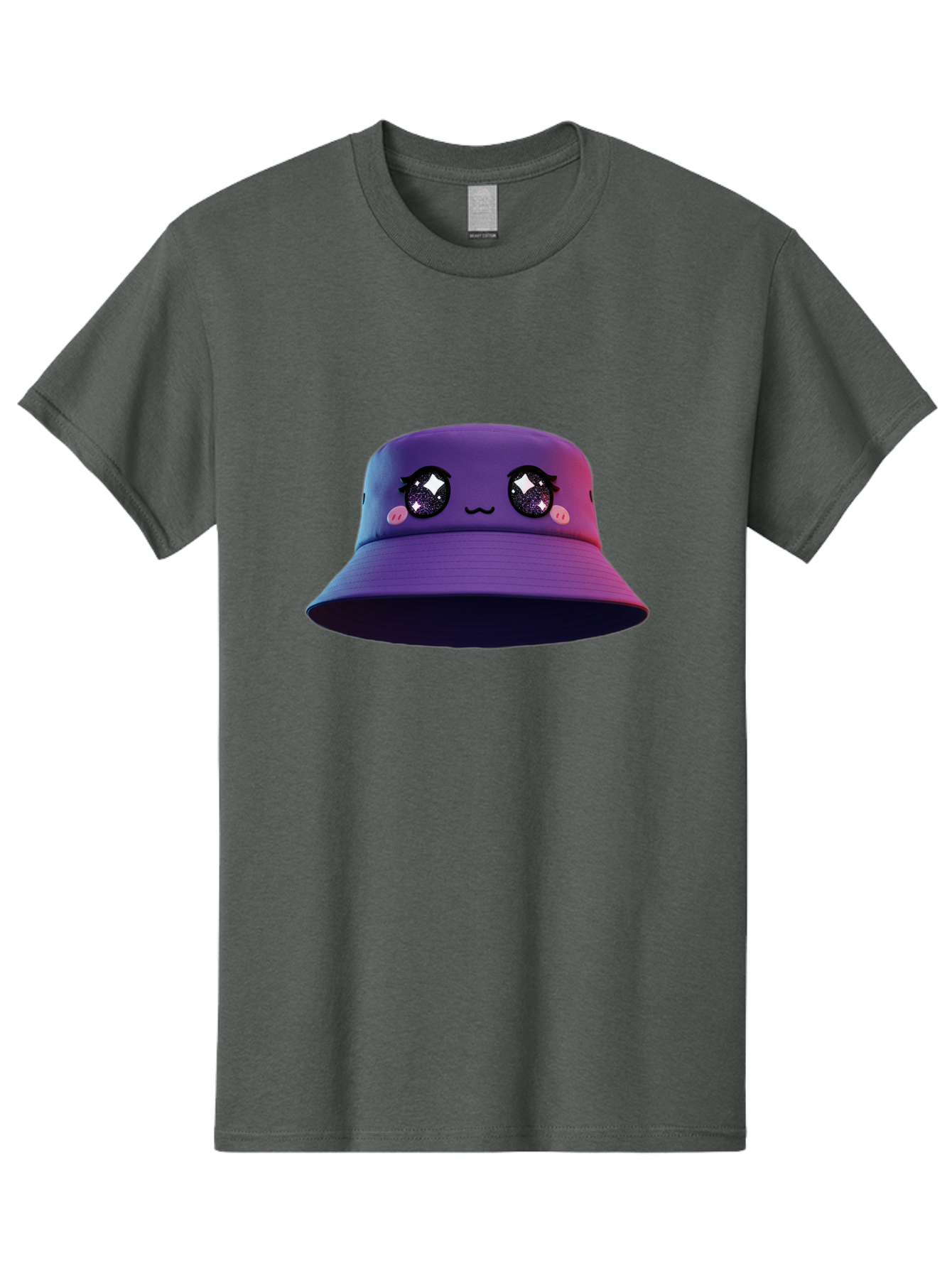 Purple-Bucket-Hat Men'S Graphic Tee, 100% Cotton, Comfortable Casual Summer Wear, Machine Washable, Purple Bucket Hat, Cartoonish Face, Anime Style, Kawaii Fashion, Sparkly Eyes, Fashionable Accessory, Trendy Headwear, Youth Culture, Bad461
