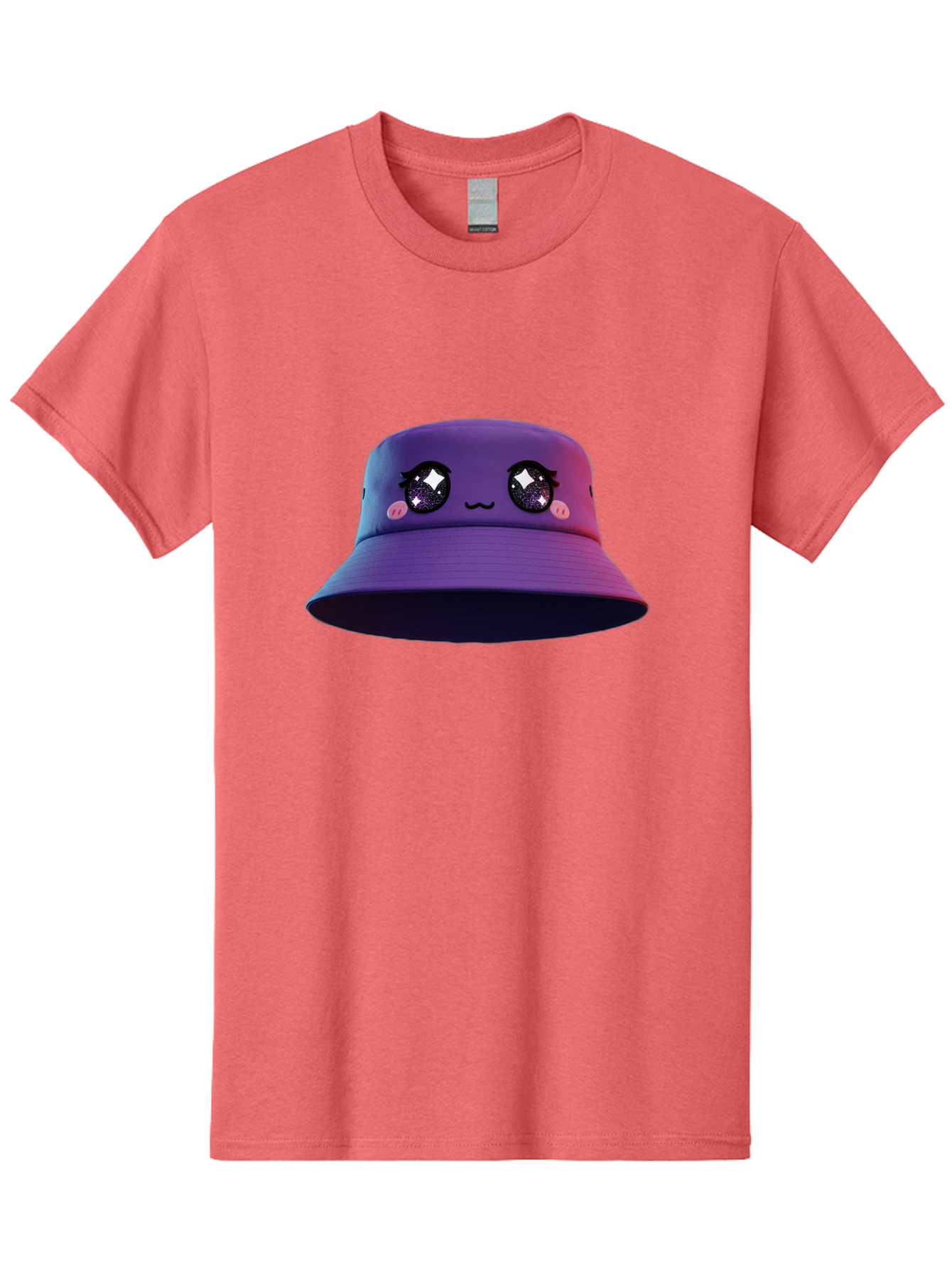 Purple-Bucket-Hat Men'S Graphic Tee, 100% Cotton, Comfortable Casual Summer Wear, Machine Washable, Purple Bucket Hat, Cartoonish Face, Anime Style, Kawaii Fashion, Sparkly Eyes, Fashionable Accessory, Trendy Headwear, Youth Culture, Bad461