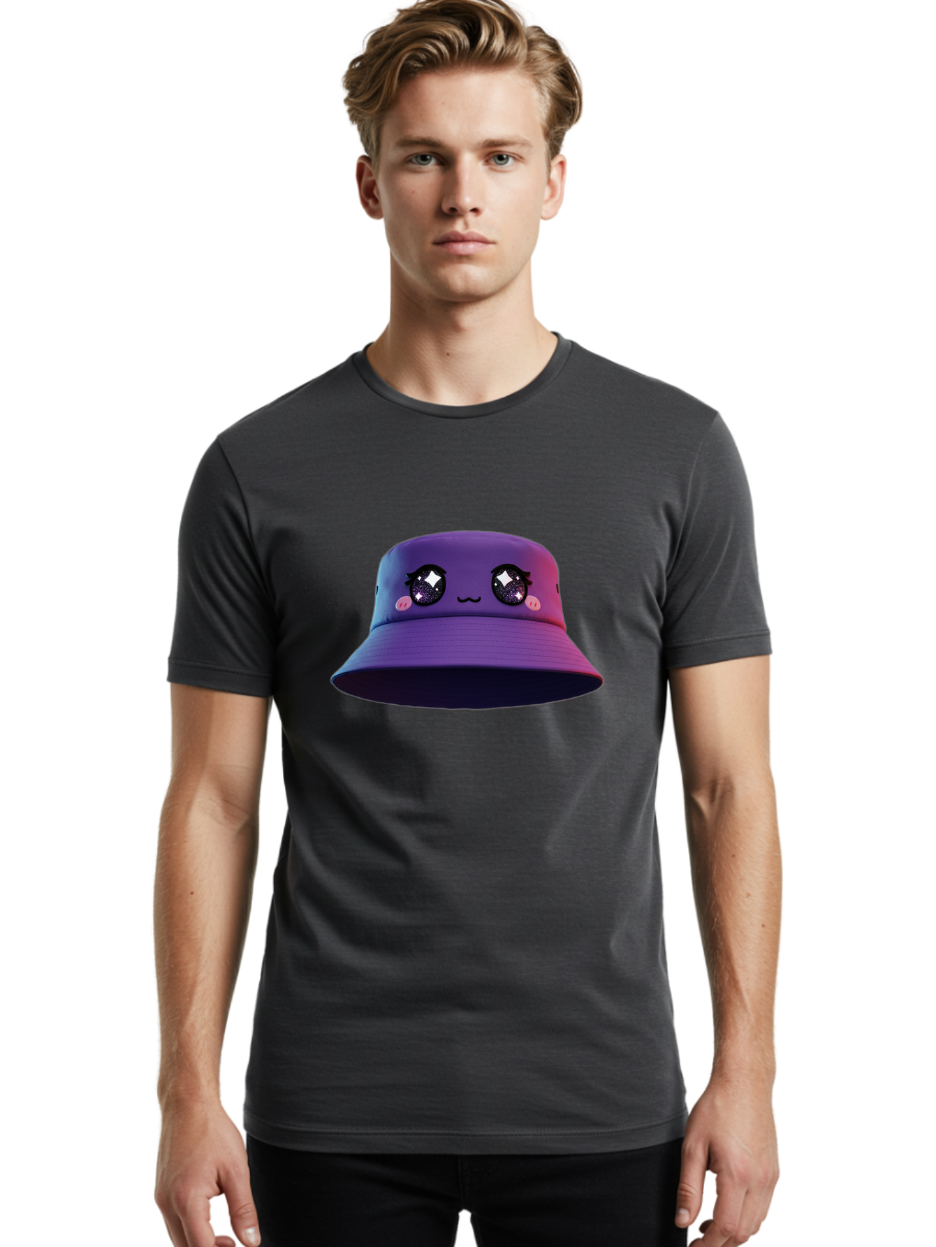 Purple-Bucket-Hat Men'S Graphic Tee, 100% Cotton, Comfortable Casual Summer Wear, Machine Washable, Purple Bucket Hat, Cartoonish Face, Anime Style, Kawaii Fashion, Sparkly Eyes, Fashionable Accessory, Trendy Headwear, Youth Culture, Bad461