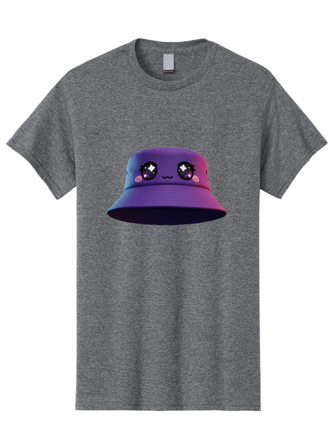 Purple-Bucket-Hat Men'S Graphic Tee, 100% Cotton, Comfortable Casual Summer Wear, Machine Washable, Purple Bucket Hat, Cartoonish Face, Anime Style, Kawaii Fashion, Sparkly Eyes, Fashionable Accessory, Trendy Headwear, Youth Culture, Bad461