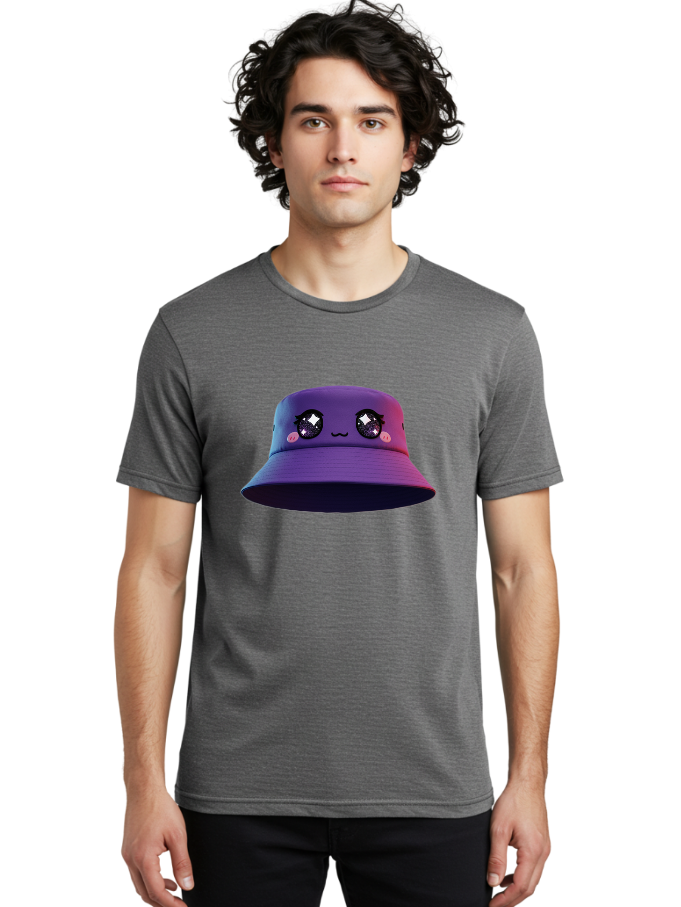 Purple-Bucket-Hat Men'S Graphic Tee, 100% Cotton, Comfortable Casual Summer Wear, Machine Washable, Purple Bucket Hat, Cartoonish Face, Anime Style, Kawaii Fashion, Sparkly Eyes, Fashionable Accessory, Trendy Headwear, Youth Culture, Bad461