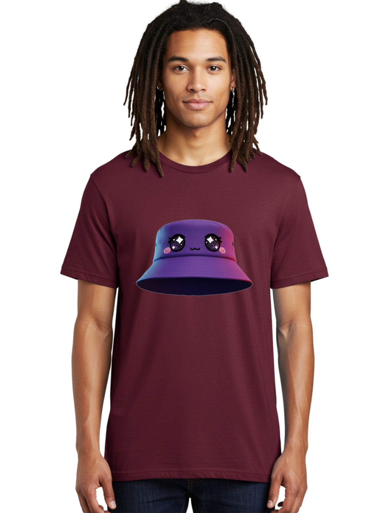 Purple-Bucket-Hat Men'S Graphic Tee, 100% Cotton, Comfortable Casual Summer Wear, Machine Washable, Purple Bucket Hat, Cartoonish Face, Anime Style, Kawaii Fashion, Sparkly Eyes, Fashionable Accessory, Trendy Headwear, Youth Culture, Bad461