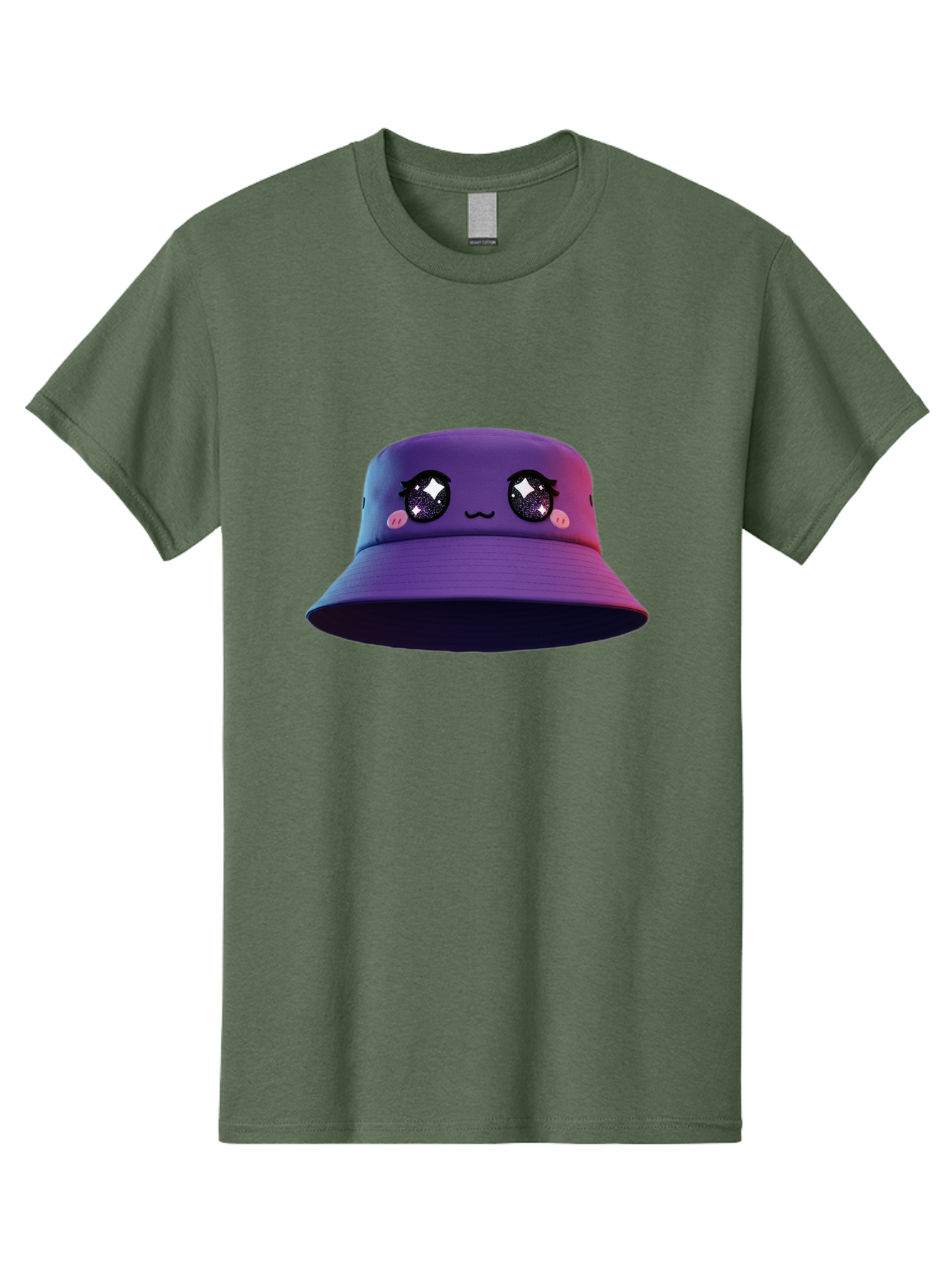 Purple-Bucket-Hat Men'S Graphic Tee, 100% Cotton, Comfortable Casual Summer Wear, Machine Washable, Purple Bucket Hat, Cartoonish Face, Anime Style, Kawaii Fashion, Sparkly Eyes, Fashionable Accessory, Trendy Headwear, Youth Culture, Bad461