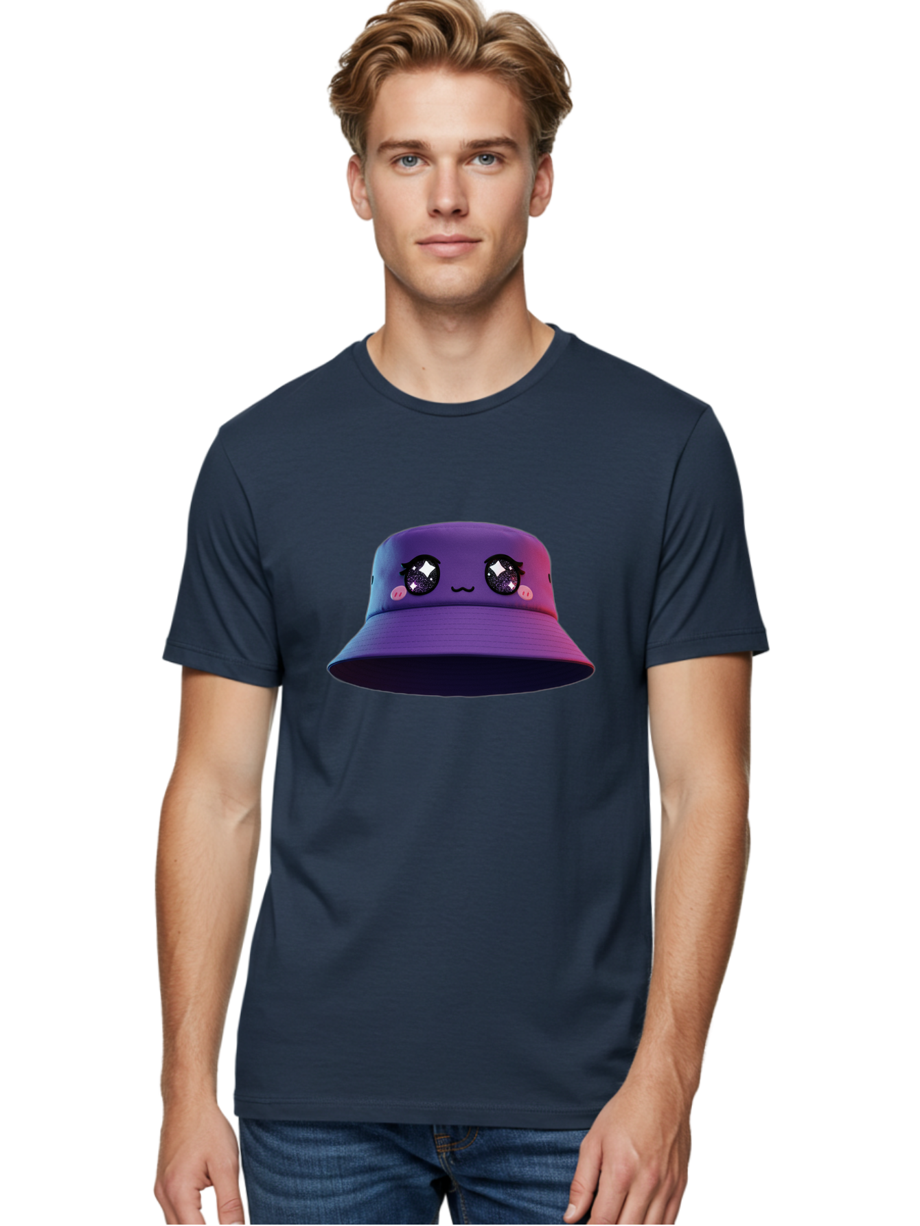 Purple-Bucket-Hat Men'S Graphic Tee, 100% Cotton, Comfortable Casual Summer Wear, Machine Washable, Purple Bucket Hat, Cartoonish Face, Anime Style, Kawaii Fashion, Sparkly Eyes, Fashionable Accessory, Trendy Headwear, Youth Culture, Bad461
