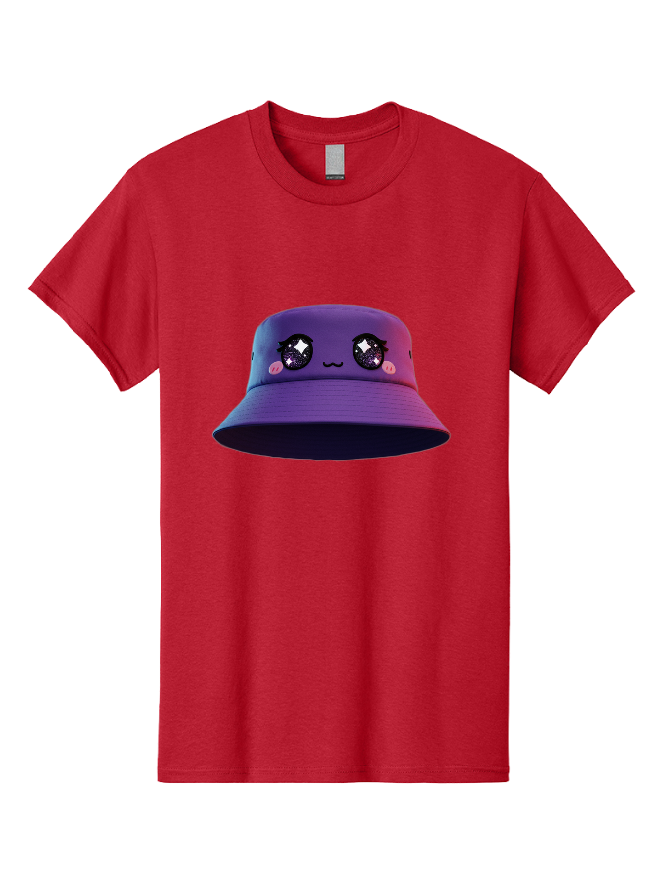 Purple-Bucket-Hat Men'S Graphic Tee, 100% Cotton, Comfortable Casual Summer Wear, Machine Washable, Purple Bucket Hat, Cartoonish Face, Anime Style, Kawaii Fashion, Sparkly Eyes, Fashionable Accessory, Trendy Headwear, Youth Culture, Bad461