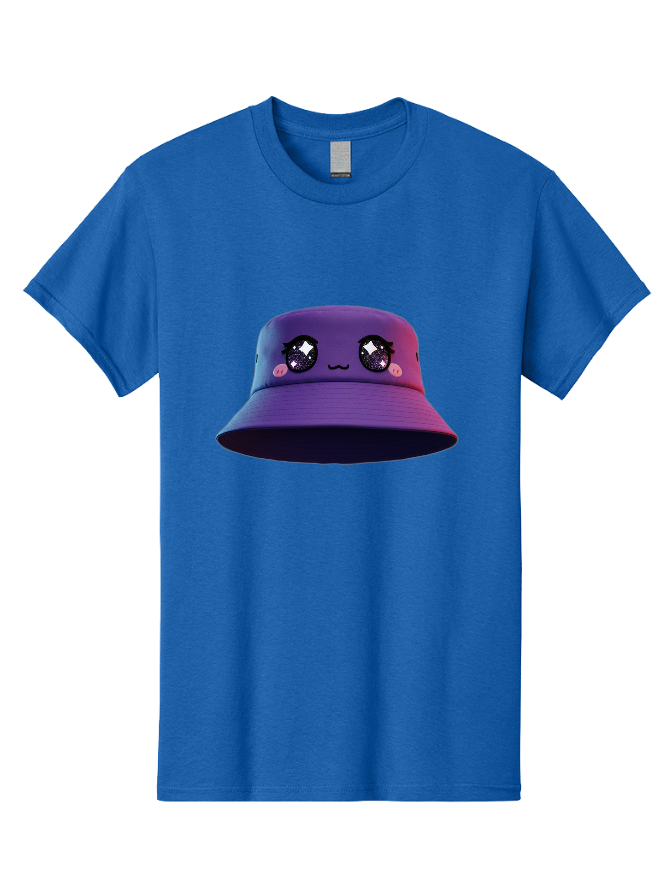 Purple-Bucket-Hat Men'S Graphic Tee, 100% Cotton, Comfortable Casual Summer Wear, Machine Washable, Purple Bucket Hat, Cartoonish Face, Anime Style, Kawaii Fashion, Sparkly Eyes, Fashionable Accessory, Trendy Headwear, Youth Culture, Bad461