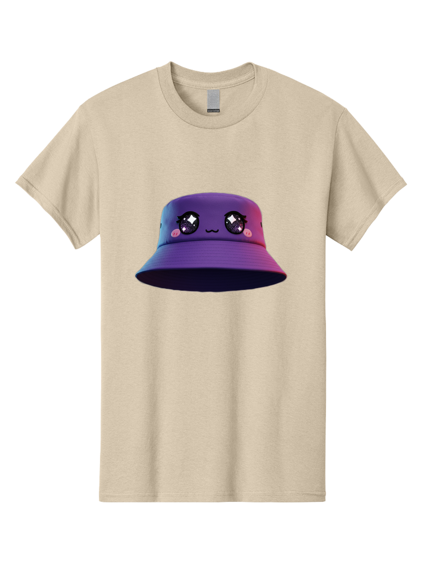 Purple-Bucket-Hat Men'S Graphic Tee, 100% Cotton, Comfortable Casual Summer Wear, Machine Washable, Purple Bucket Hat, Cartoonish Face, Anime Style, Kawaii Fashion, Sparkly Eyes, Fashionable Accessory, Trendy Headwear, Youth Culture, Bad461