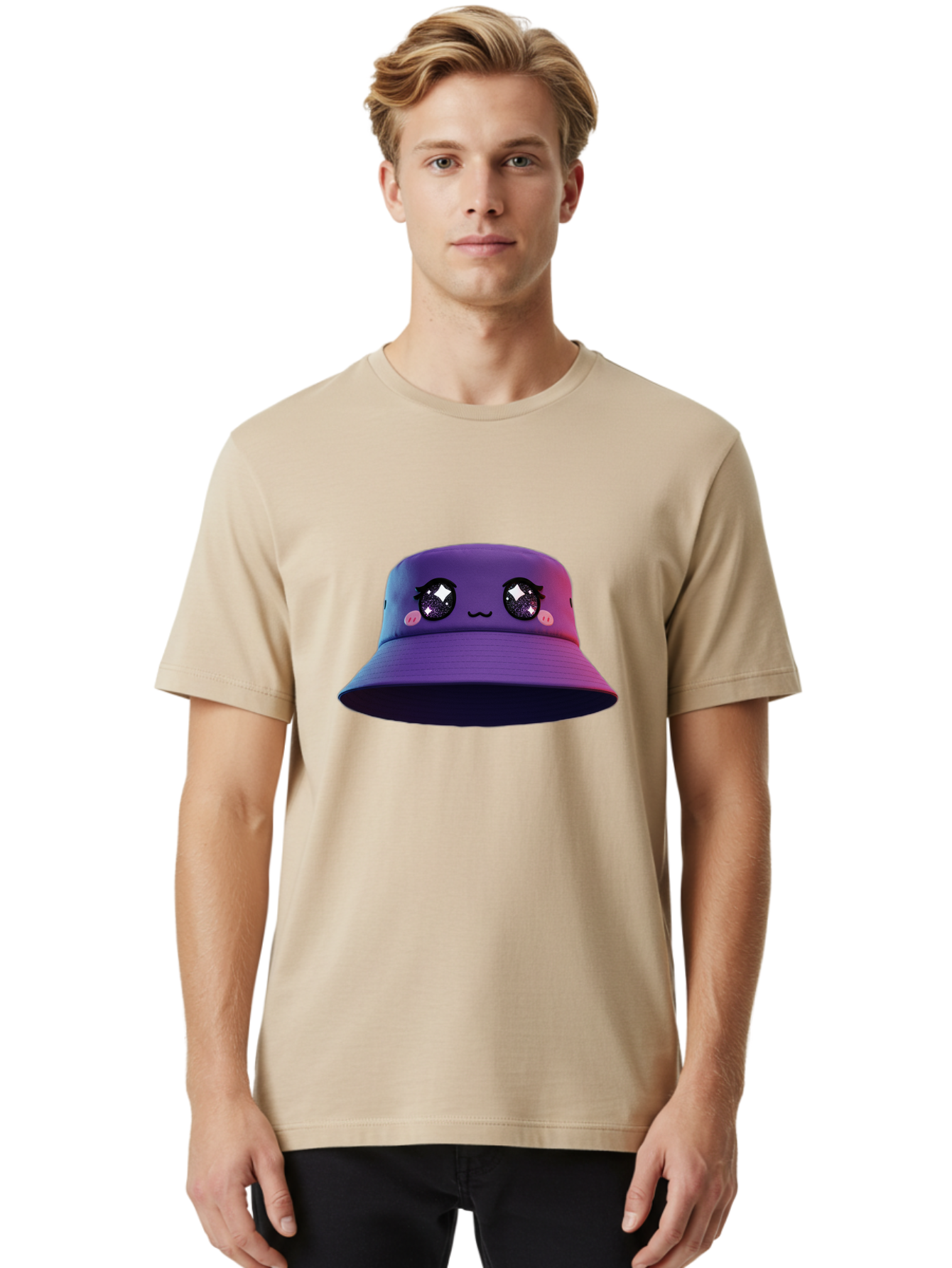 Purple-Bucket-Hat Men'S Graphic Tee, 100% Cotton, Comfortable Casual Summer Wear, Machine Washable, Purple Bucket Hat, Cartoonish Face, Anime Style, Kawaii Fashion, Sparkly Eyes, Fashionable Accessory, Trendy Headwear, Youth Culture, Bad461