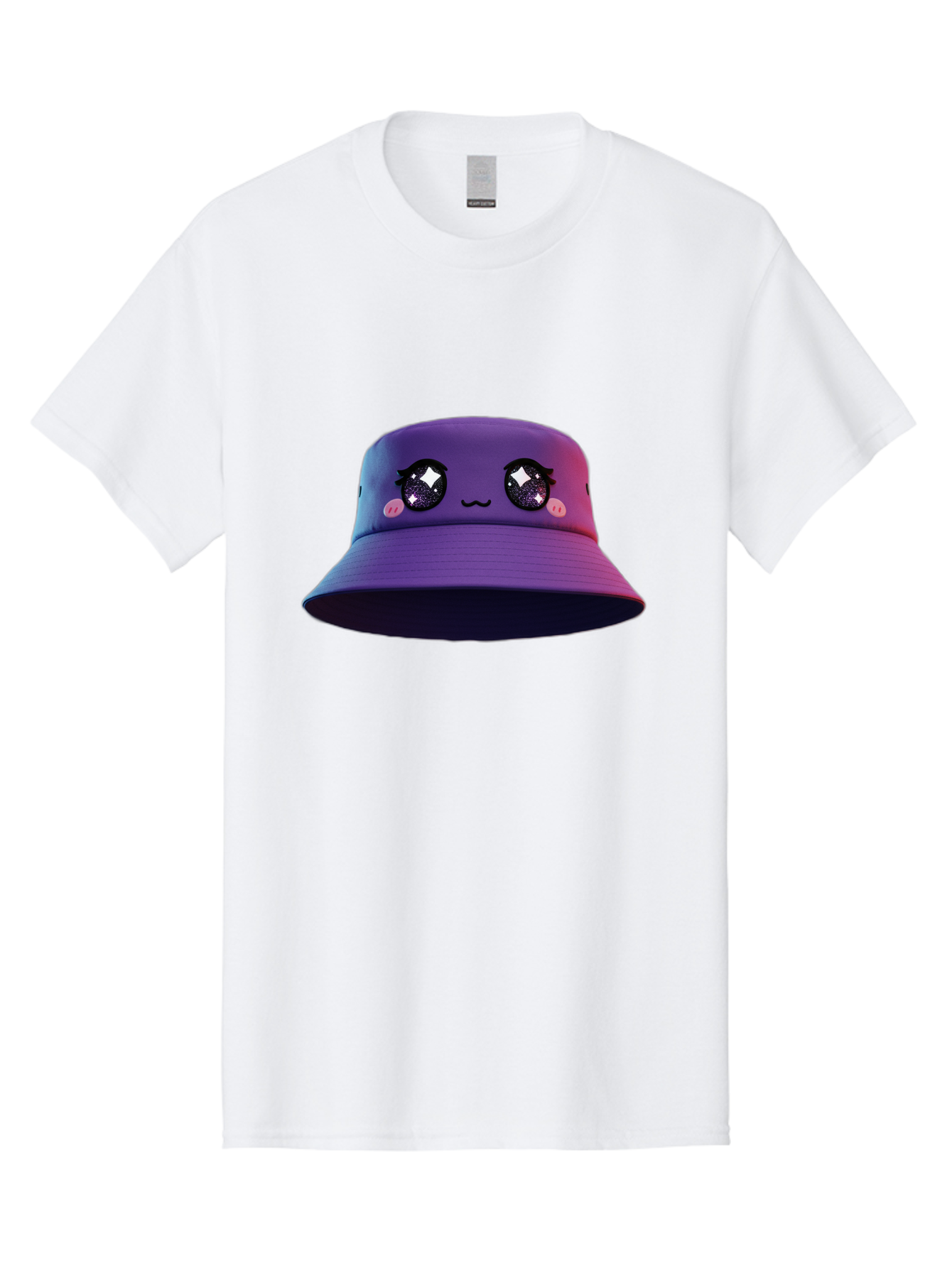 Purple-Bucket-Hat Men'S Graphic Tee, 100% Cotton, Comfortable Casual Summer Wear, Machine Washable, Purple Bucket Hat, Cartoonish Face, Anime Style, Kawaii Fashion, Sparkly Eyes, Fashionable Accessory, Trendy Headwear, Youth Culture, Bad461