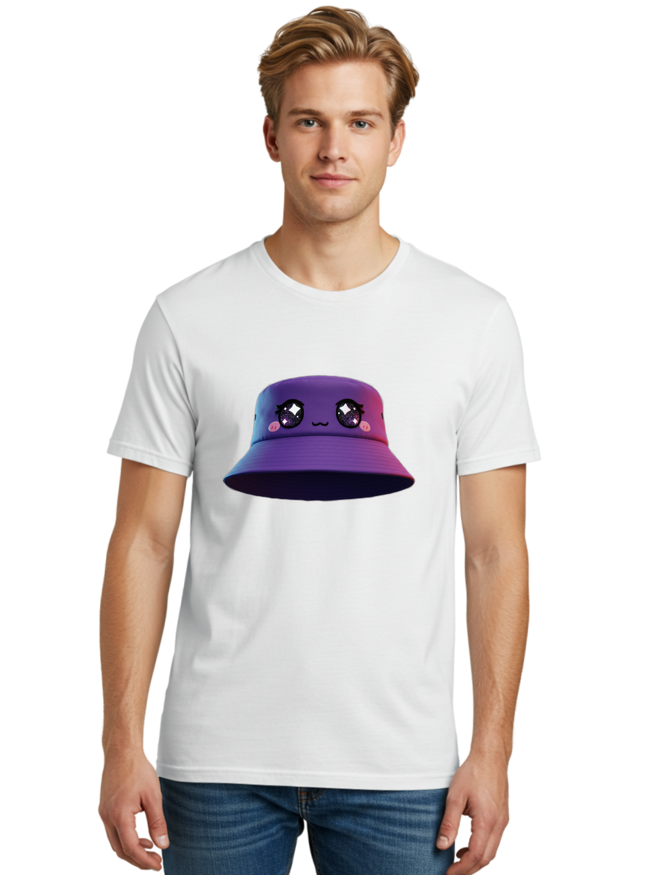 Purple-Bucket-Hat Men'S Graphic Tee, 100% Cotton, Comfortable Casual Summer Wear, Machine Washable, Purple Bucket Hat, Cartoonish Face, Anime Style, Kawaii Fashion, Sparkly Eyes, Fashionable Accessory, Trendy Headwear, Youth Culture, Bad461