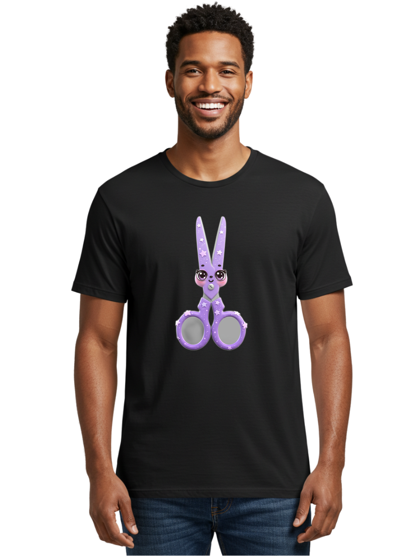 Purple-Bunny-Scissors Men'S Graphic Tee, 100% Cotton, Comfortable Casual Summer Wear, Machine Washable, Cute Cartoon Bunny, Purple Scissors, Star Pattern, Children'S Craft Tool, Art Supplies, Nursery Decor, Fun Design, Bad462