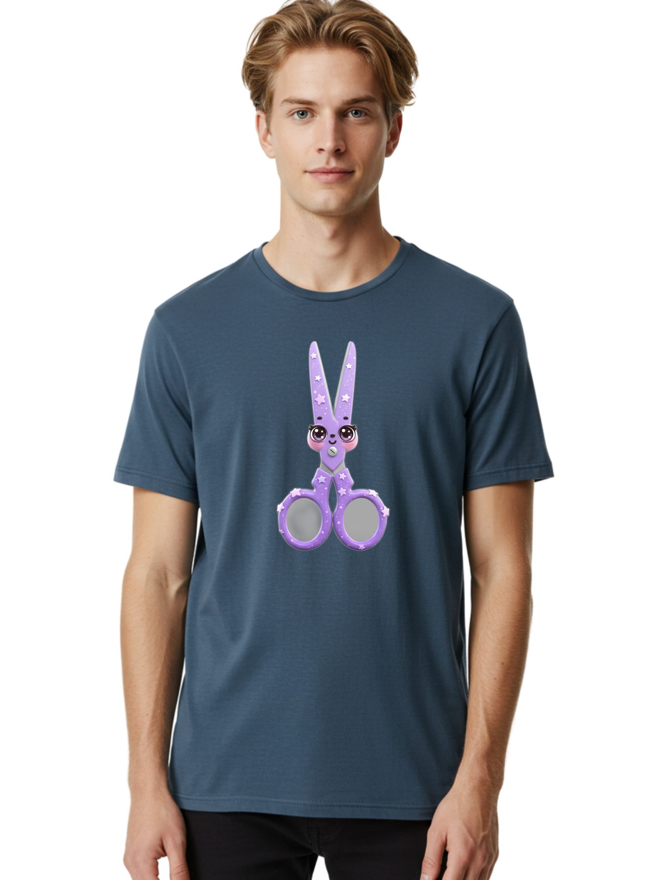 Purple-Bunny-Scissors Men'S Graphic Tee, 100% Cotton, Comfortable Casual Summer Wear, Machine Washable, Cute Cartoon Bunny, Purple Scissors, Star Pattern, Children'S Craft Tool, Art Supplies, Nursery Decor, Fun Design, Bad462