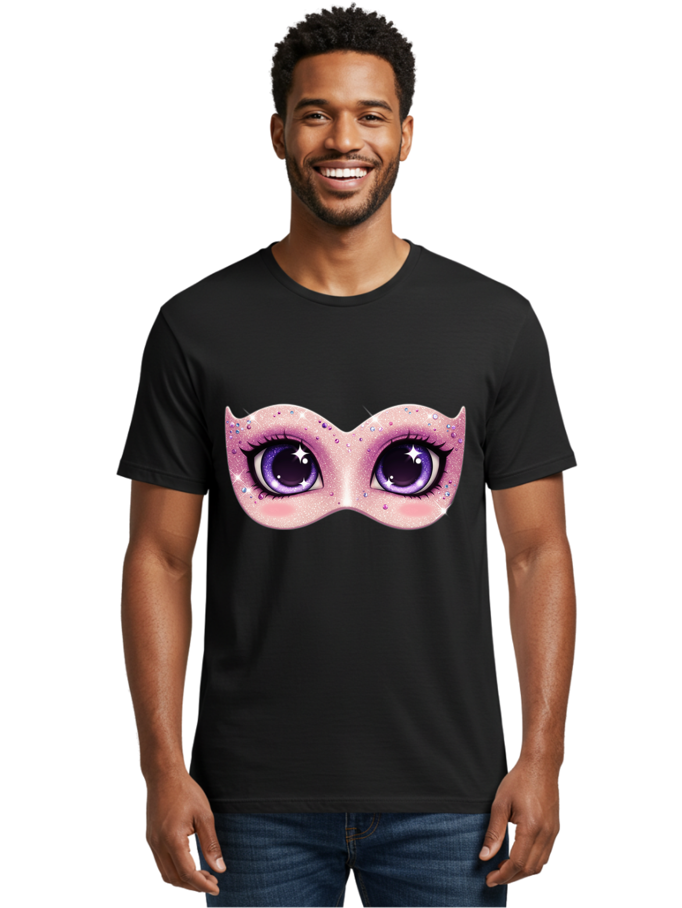 Purple-Eyes-Mask Men'S Graphic Tee, 100% Cotton, Comfortable Casual Summer Wear, Machine Washable, Cartoon Woman Eyes, Purple Eyes, Pink Mask, Rhinestones, Glamorous, Mysterious, Fashion, Beauty, Makeup, Cosmetics Bad463